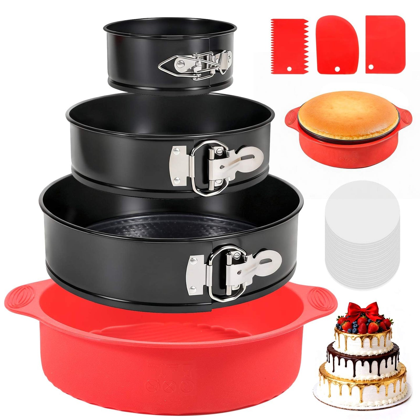MASSUGAR 4 7 9 Inch Springform Pan Cheesecake Pan with Silicone Protector, 50 Pcs Parchment Paper Liners, 3 Cake Scrapers, Leakproof Round Cake Pan for Baking in Water Bath Nonstick Spring Form Pan