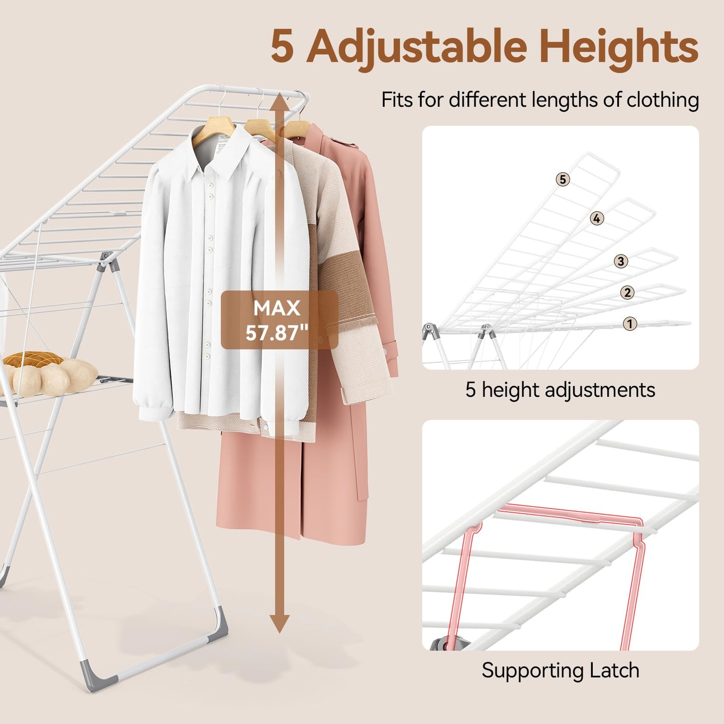 APEXCHASER Clothes Drying Rack, Foldable Drying Rack Clothing, Sturdy Metal Laundry Drying Rack, Height-Adjustable Gullwing, Easy to Fold, Space-Saving, for Indoor Outdoor, White