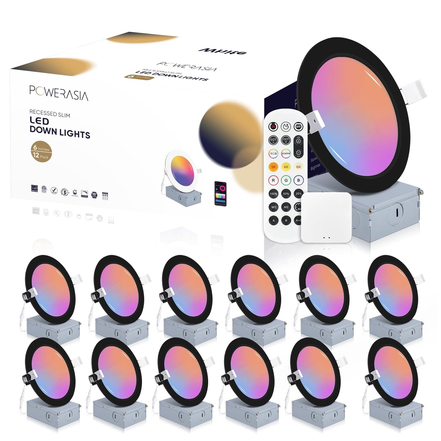 12 Pack Black Smart Recessed Lighting 6 Inch, Ultra-Thin 6 Inch LED Recessed Lights12W 1200LM Smart Downlight with Junction Box, Compatible with Alexa/Google Assistant and Siri - ETL and Energy Star