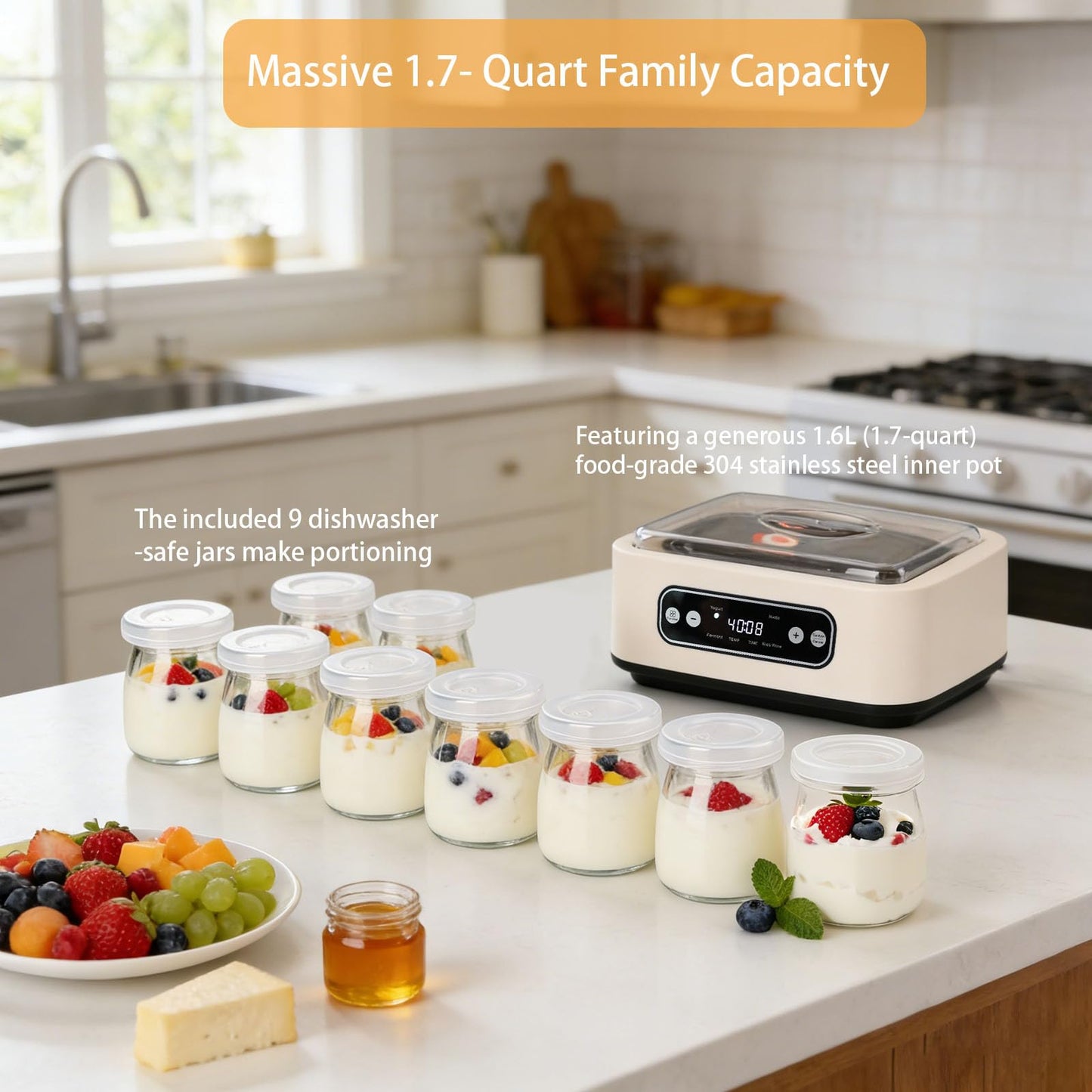Yogurt Maker，with Timer and Temperature Control, Auto-Shutoff Feature, 1.6-Liter Stainless Steel Inner Pot + 9 Dishwasher-Safe Jars—Easily Make Fresh Probiotic Yogurt and Enjoy Natural Health