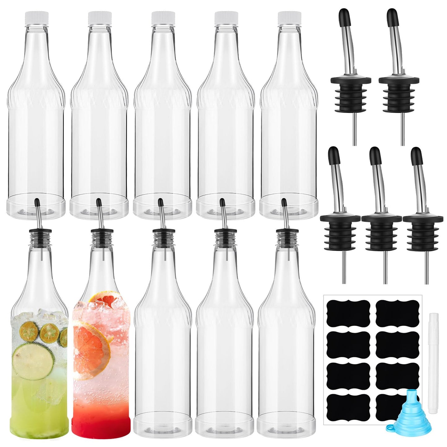 Dandat 20 Pcs 32 oz Plastic Long Neck Bottles with Pourer and Caps Plastic Juice Pour Bottles with Stainless Steel Pourer Tapered Spout for Liquor Juice Store (Sliver)