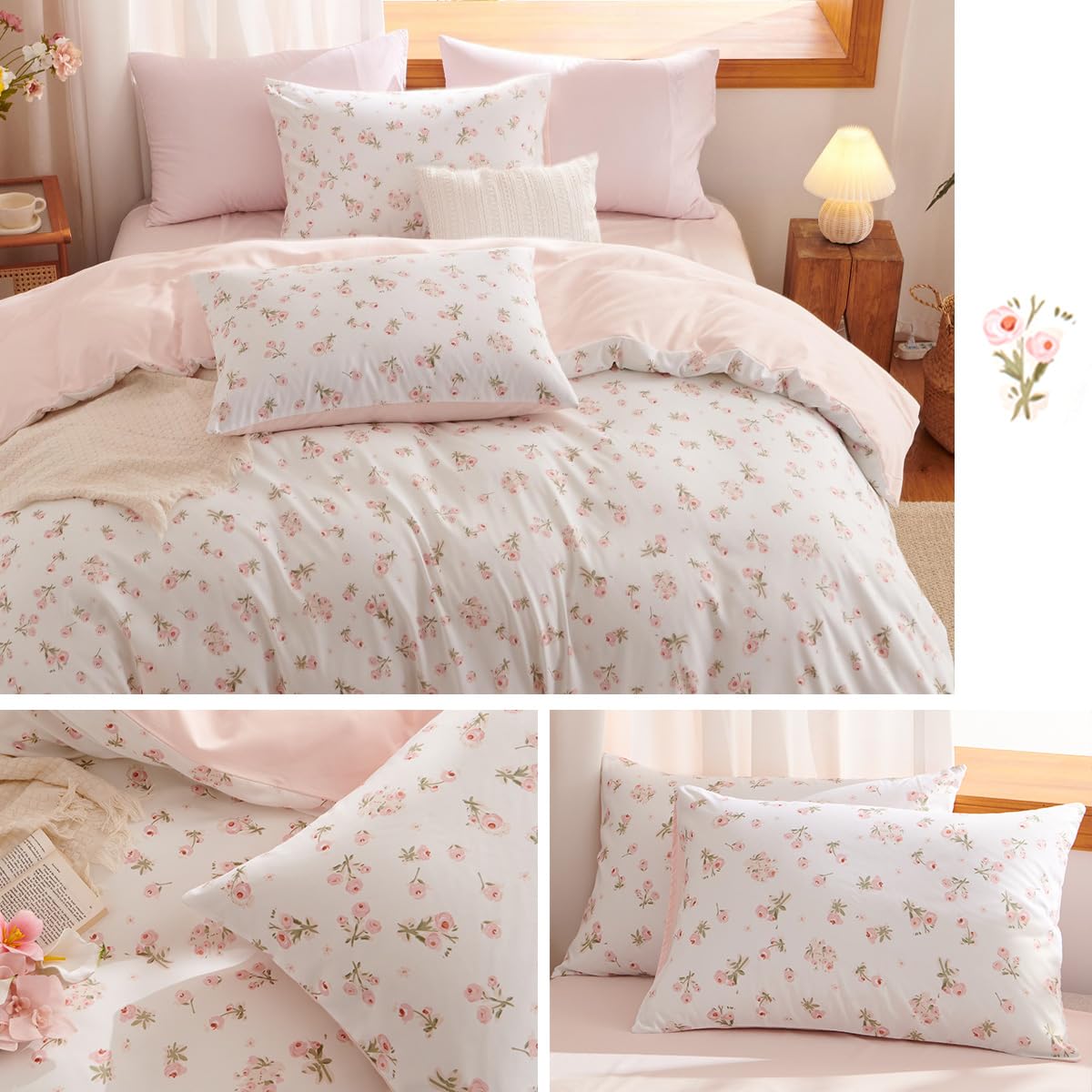 Erwinmu Floral Comforter Set Queen Size - 3 Pieces Pink White Floral Comforter Bedding Sets Reversible Pattern,Queen Bed in a Bag with Flowers Comforter and 2 Pillowcases
