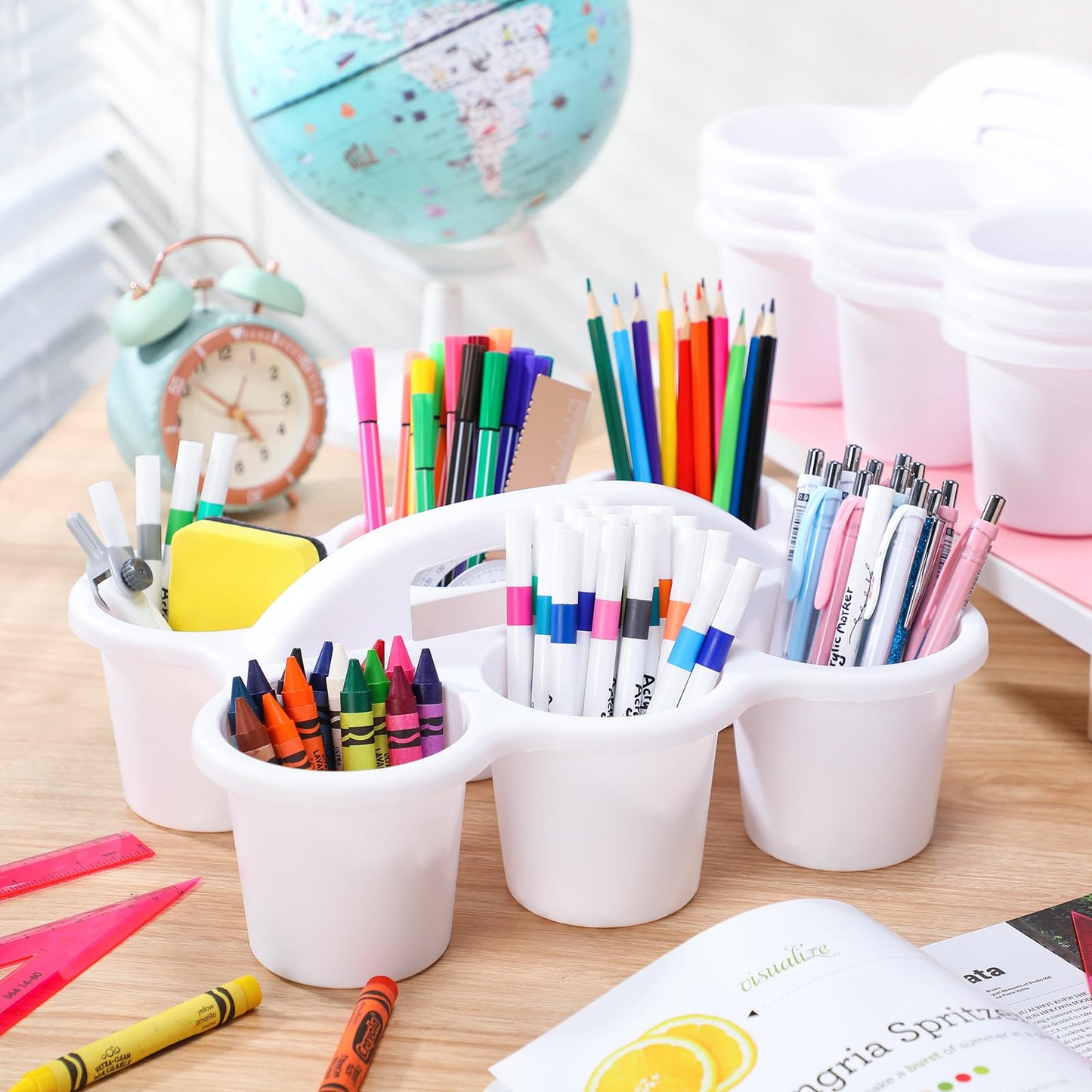 DoubleFill 4 Pcs Plastic Storage Caddy Organizer with Handle Teacher Supply Storage Classroom Caddy for School, Pencil, Pen, Art Supply, Drink Delivery