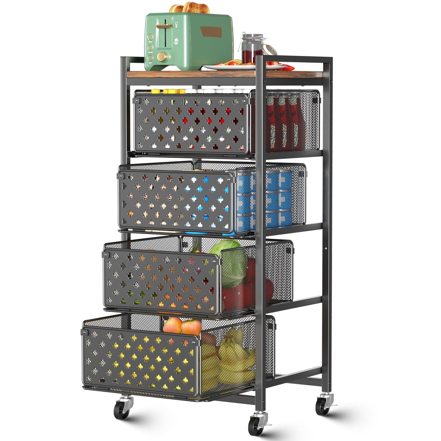 Xpatee 5 Tier Kitchen Storage Cart with Wheels, Utility Fruit Vegetable Storage Rack Stand with Pull-Out Baskets & Wood Top, Metal 4-Drawers Rolling Snack Cart, Kitchen Cart for Potato Onion(Black)
