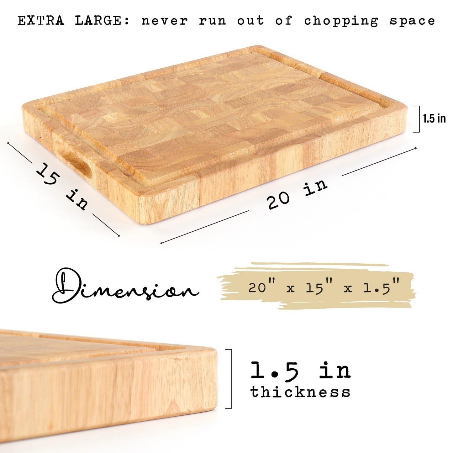 End Grain Cutting Board, Extra Large & Thick, End Grain Built-In Compartment and Juice Canal, Heavy Duty Chopping Board, Thick Carving Board for Bread Fruits Meat (20x15 Inches)