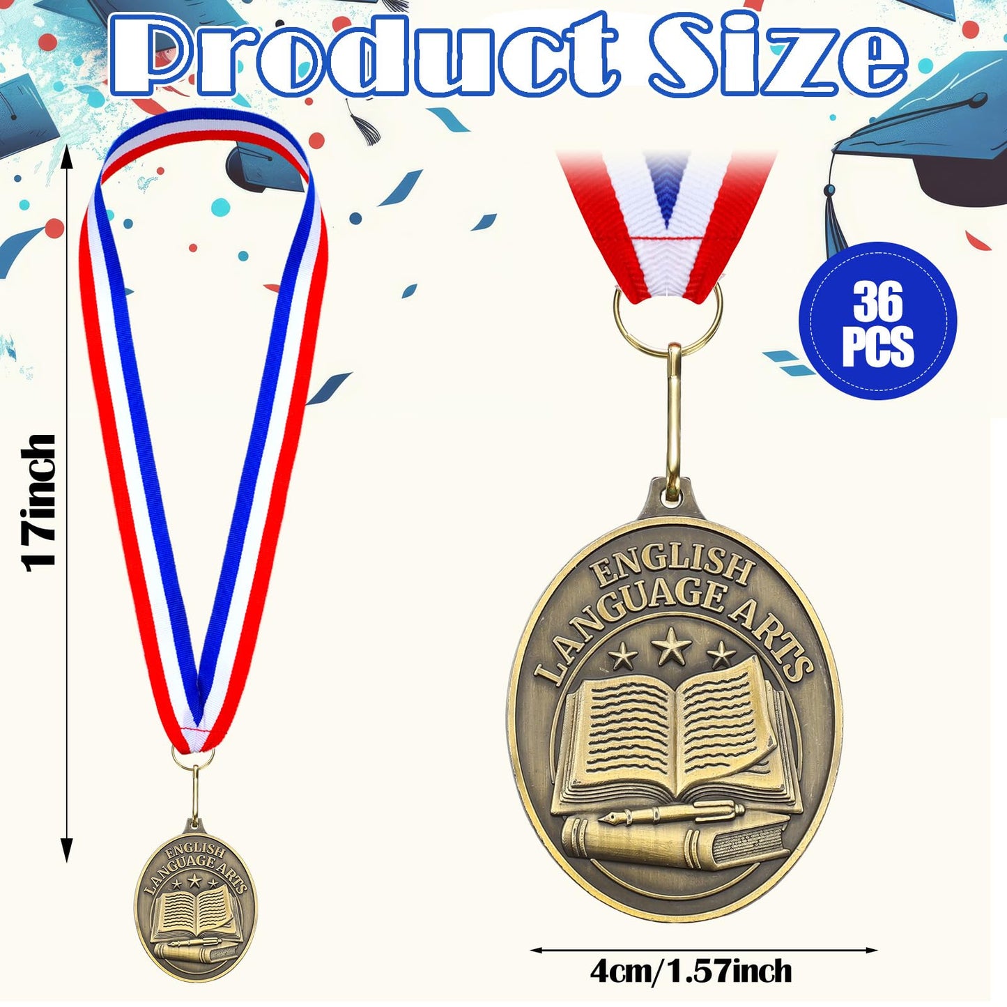 Liliaafar 36 Pcs English Language Arts Award Medals Bulk with Neck Ribbons Gold Trophy Prize Gift for Competition Graduation Ceremony