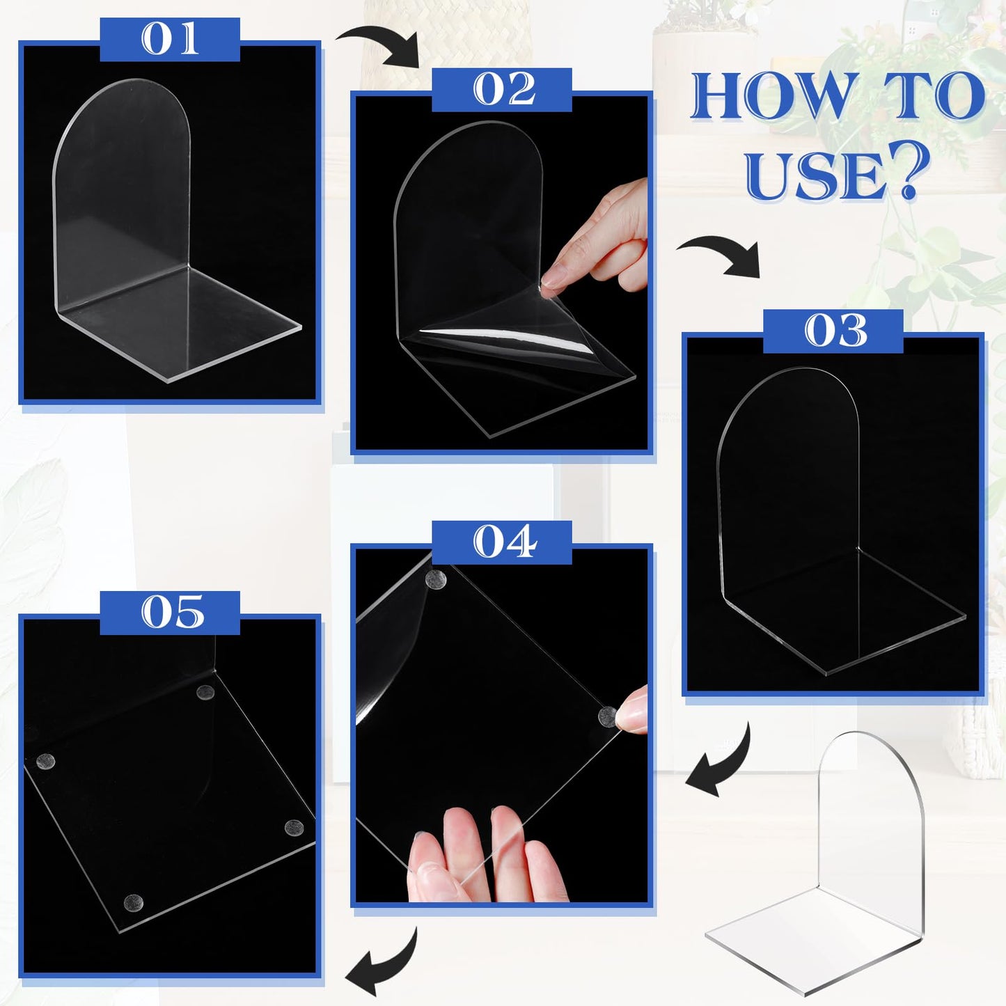 Leinuosen 16 Pcs Acrylic Clear Book Ends with Silicone Pad Non Skid Book Holders Arch Shape Heavy Duty Bookends Stoppers for Movies, CDs, Video Games (Clear)