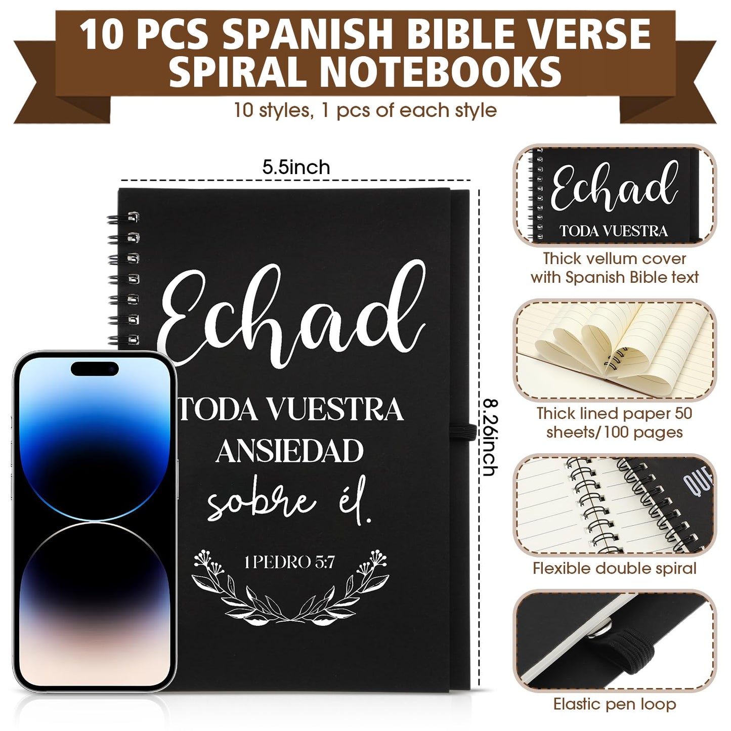 Resurhang 20 Pcs/10 Sets Regalos Cristianos En Español Spanish Christian Notebooks with Pen Spanish Religious Gift Bulk Motivational Journals Inspirational Pen Thank You Gift for Church (Black)