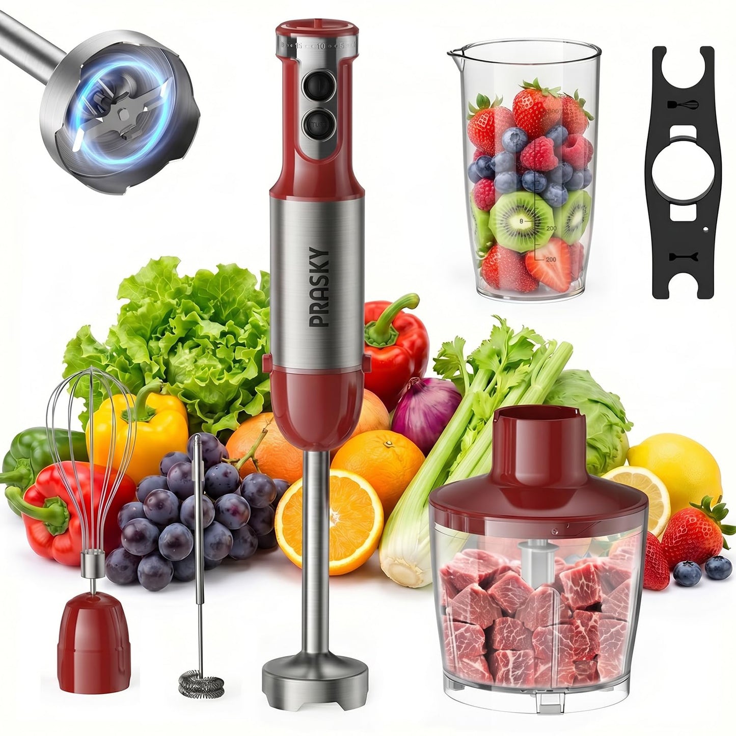 Immersion Blender Handheld 1200W, 5-in-1 Hand Blenders, 20 Speeds Hand Mixer, Stainless Steel Blades, Milk Frother Wand, Whisk, Beaker, Suitable for Kitchen, Protein Shakes and Baby Food (Red)