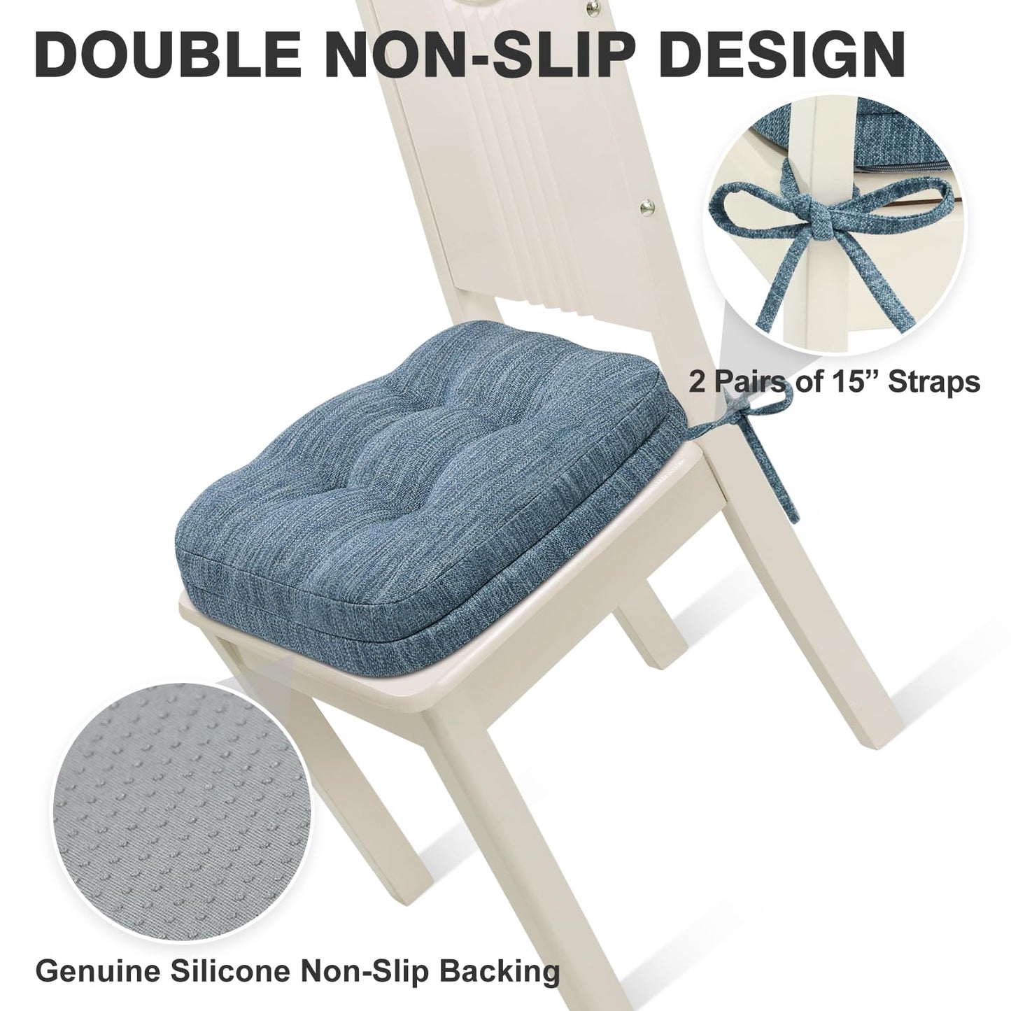 Shinnwa Kitchen Chair Cushions Set of 4, Dual-Layer Memory Foam Dining Chair Cushions, Patented Design Seat Pads with Ties, 16.5 x 16.5 x 3.5in, 4 Pack, Denim Blue