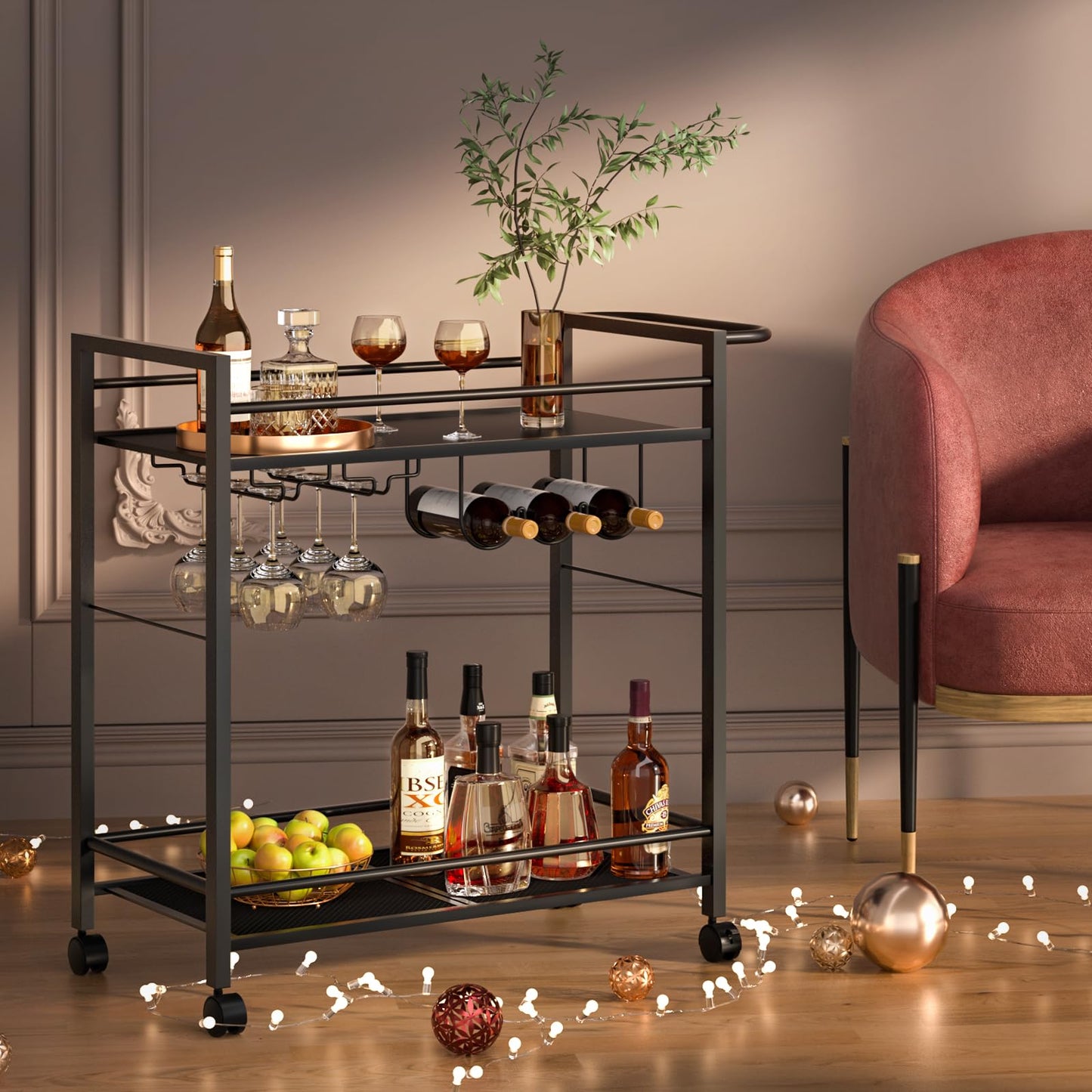 Joaxswe Bar Cart,Home Bar Serving Cart with Storage Shelves, 2 Tier Rolling Beverage Cart with Wheels, Modern Wine Cart with Wine Rack and Glass Holder for Kitchen, Living Room,Dinning Room,Black