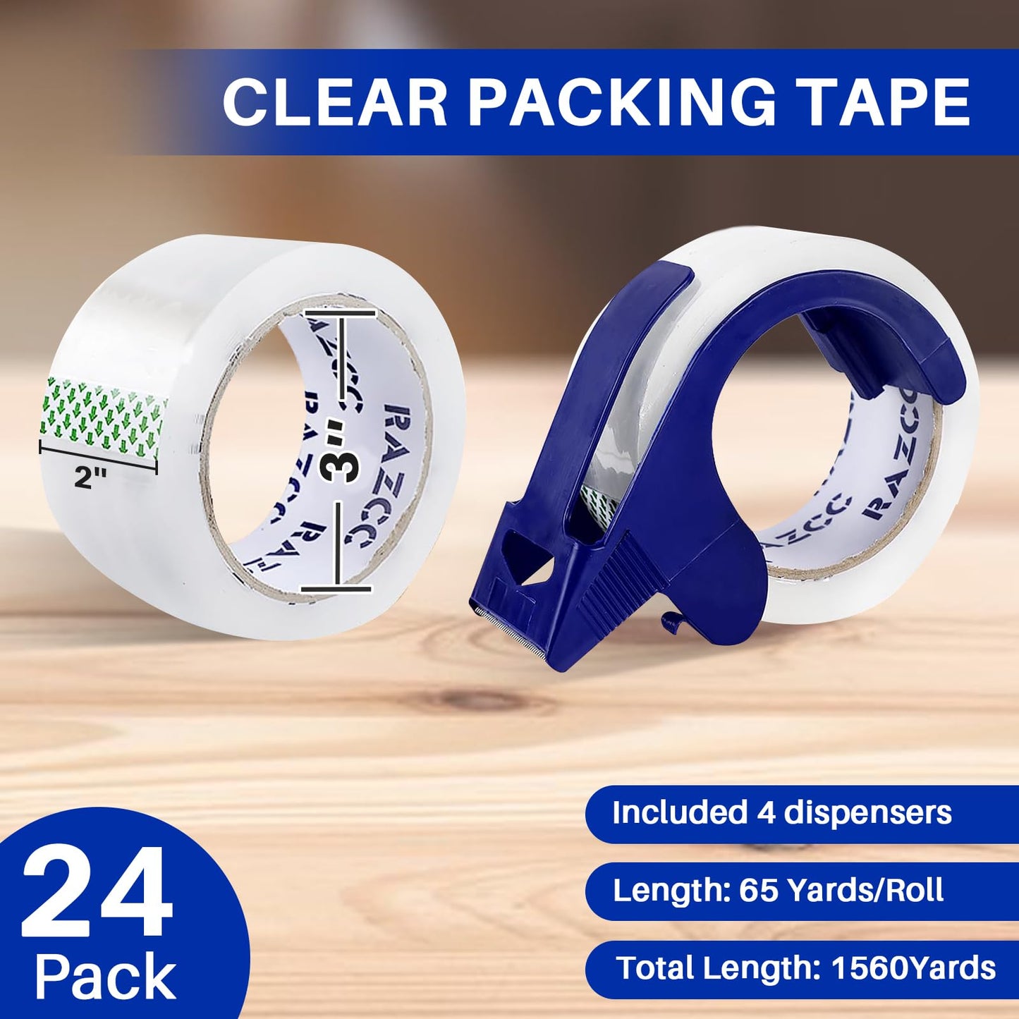 RAZCC Clear Packing Tape, 24 Rolls Heavy Duty Packaging Tape with Dispensers for Packing Shipping Moving and Sealing, Thicker Packing Tape-2" x 65 Yards Per Roll, 1560 Total Yards