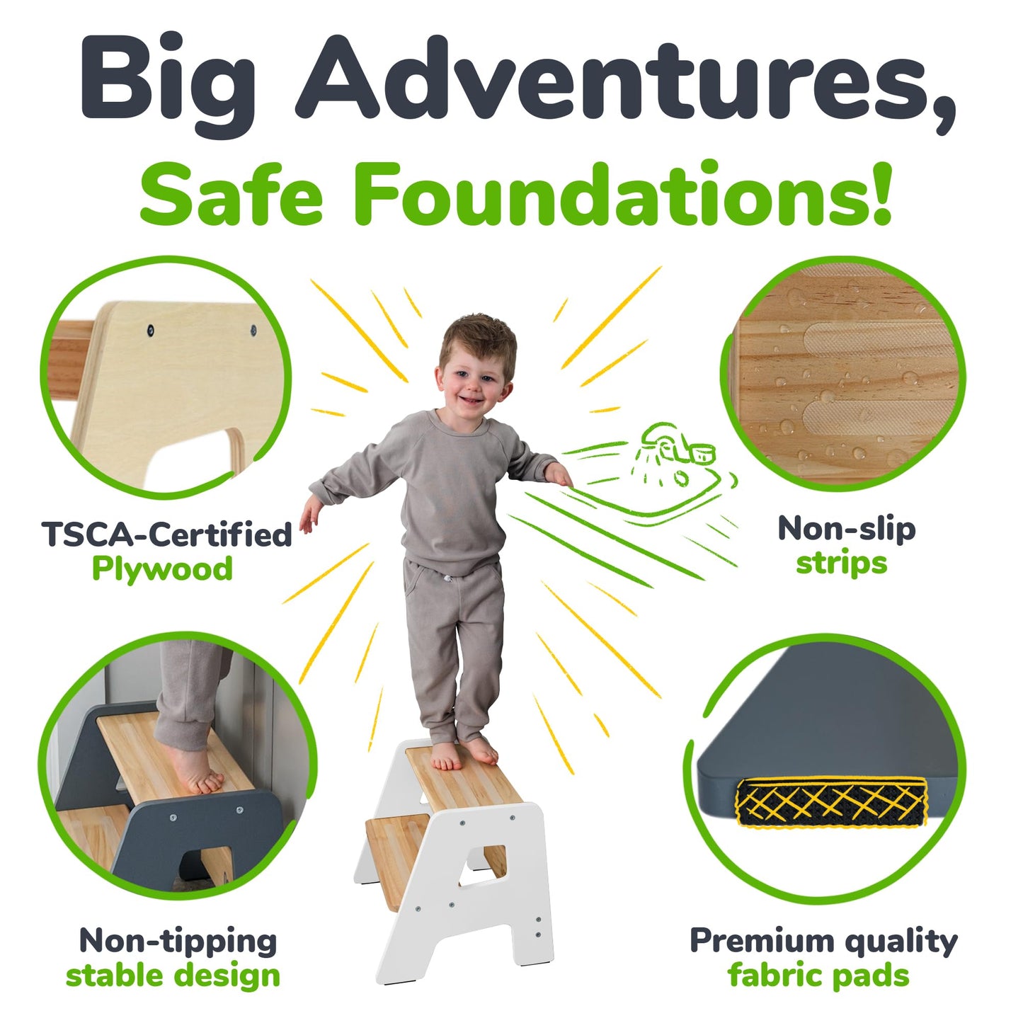 OCODILE 2-Step Wooden Step Stool for Toddlers | Kids Stool for Bathroom Sink & Kitchen Use | Non-Slip Step | Wooden Stool for Children Ages 2+ Years White