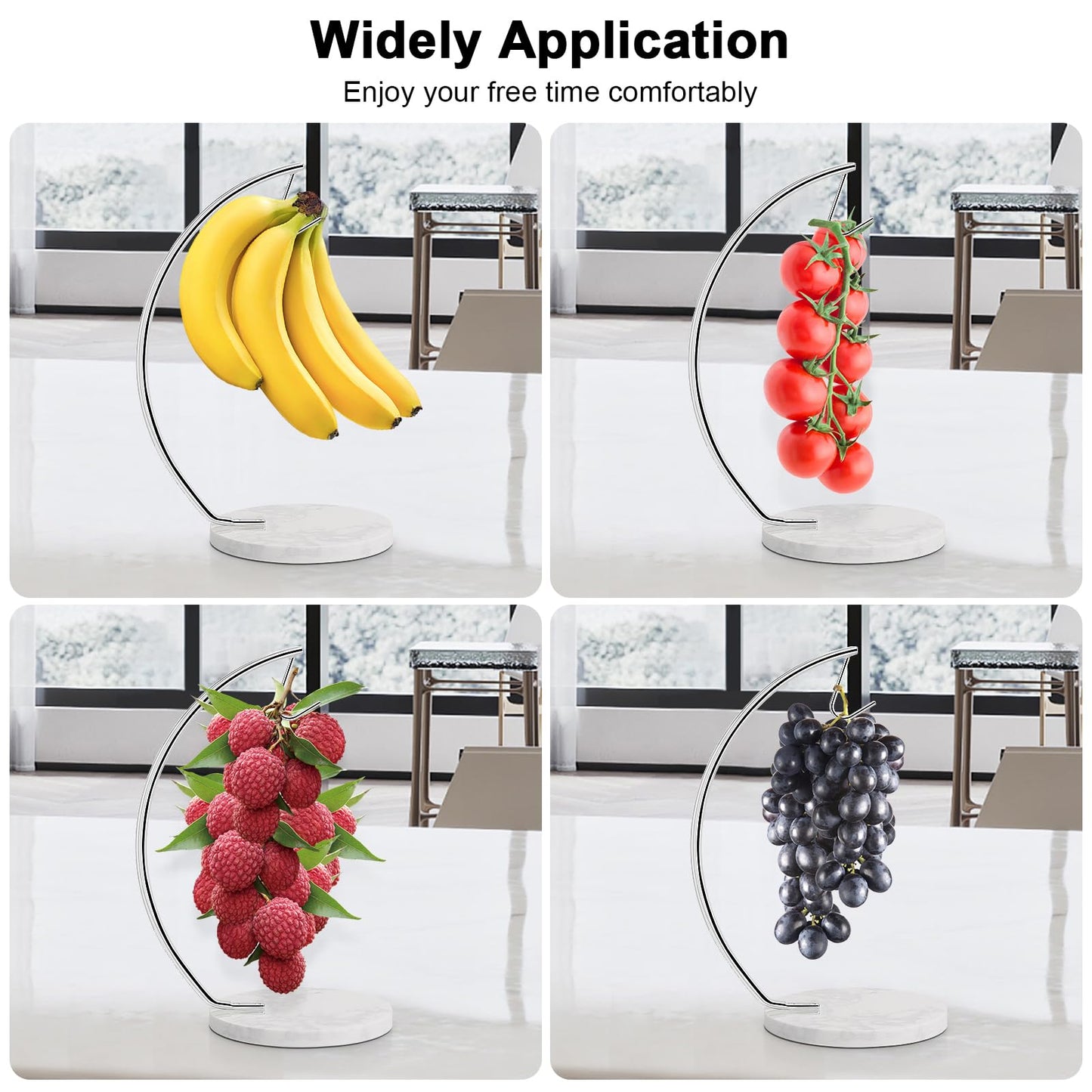 Livabber Banana Holder with Marble Base, Metal Banana Hanger Modern Tree Stand with Hook, Stylish Banana Keeper Fresh Fruit Storage Organizer Freestanding for Kitchen Countertop (Chrome, Single Hook)