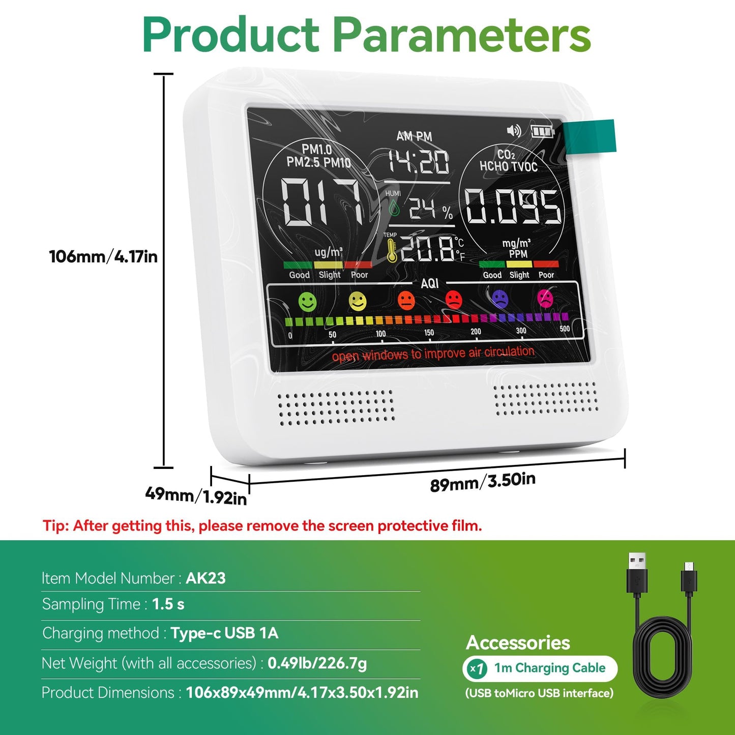 16 in 1 Air Quality Monitor Indoor with 7AQI & Alerts, Air Quality Meter for CO2, TVOC, PM1.0 PM2.5 PM10, HCHO, Temperature Humidity | AQI & Time | Air Detector for Home Office (White)