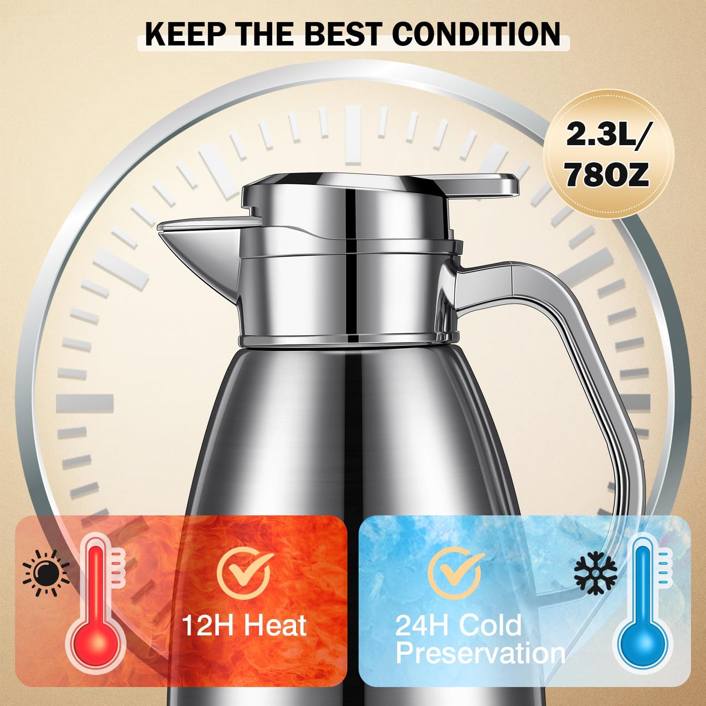 Tioncy 2 Pcs Thermal Coffee 78oz Insulated Carafe Hot Water Dispenser Stainless Steel Carafe for Liquid Coffee Tea Milk with 2 Brushes Keep 12 Hours Hot 24 Hours Cold(Gold, Silver)