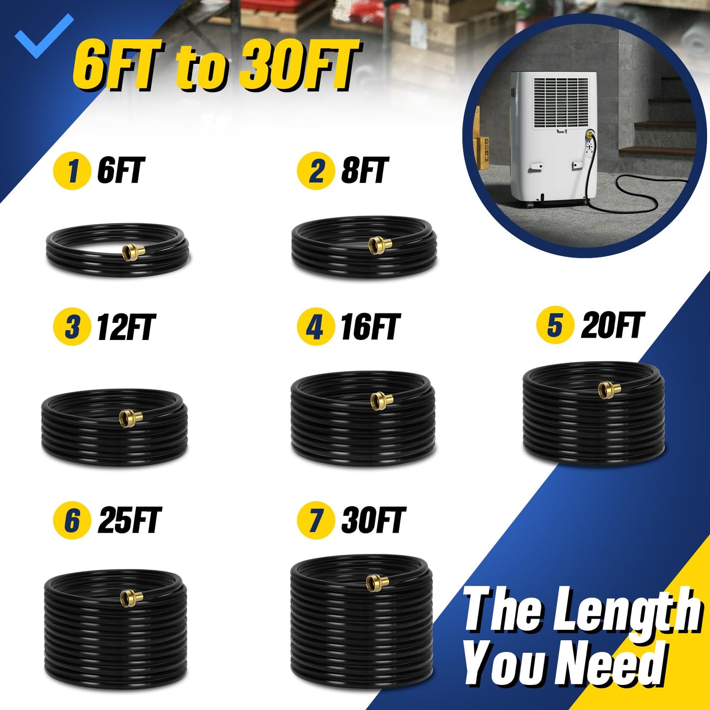 30FT Dehumidifier Drain Hose with 3/4 Inch FHT Connector, featuring Rust-Resistant Brass Fittings for Leak-Proof Connection, Perfectly Compatible with Most Dehumidifier Brands（7 Length Options）