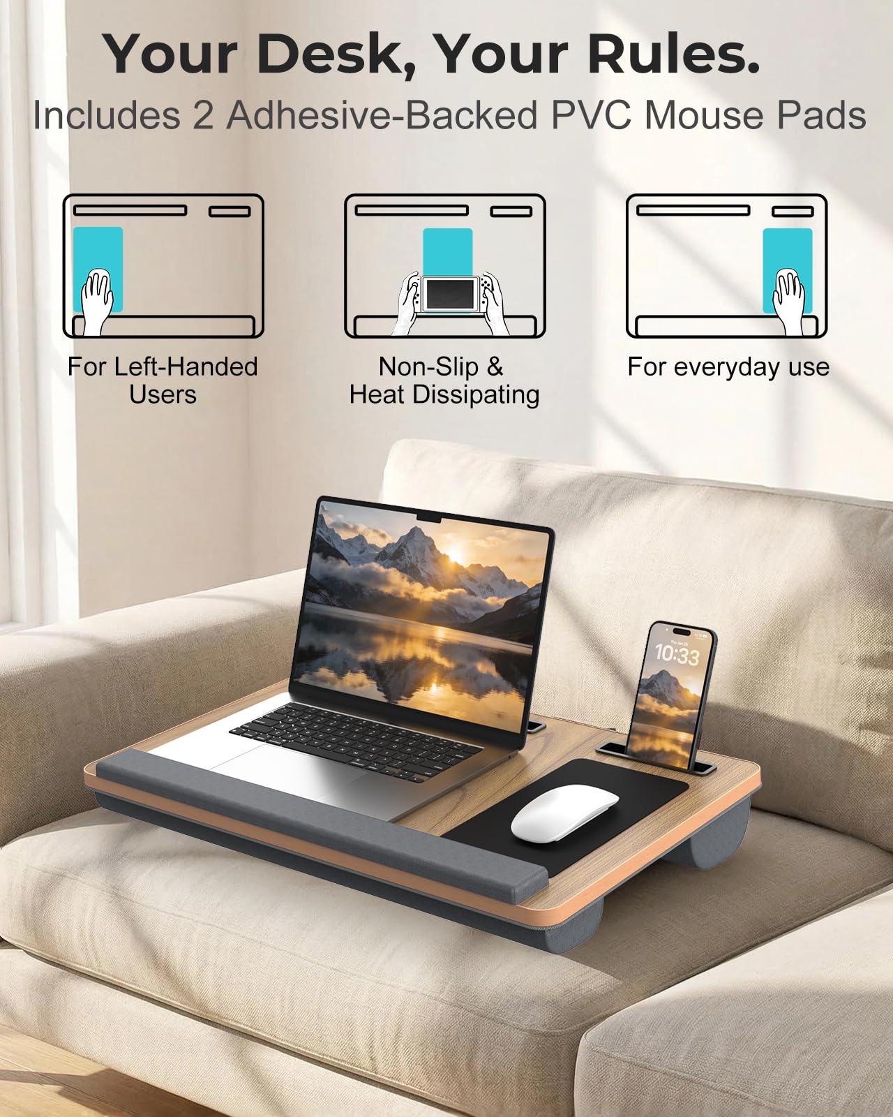 Potuopy Lap Desk - Up to 17” Laptop with Wrist Rest, Portable Handle, 2 Self-Adhesive PVC Mouse Pads, Tablet & Phone Slots, Laptop Stand for Bed with Cushion (Dark Brown Woodgrain)