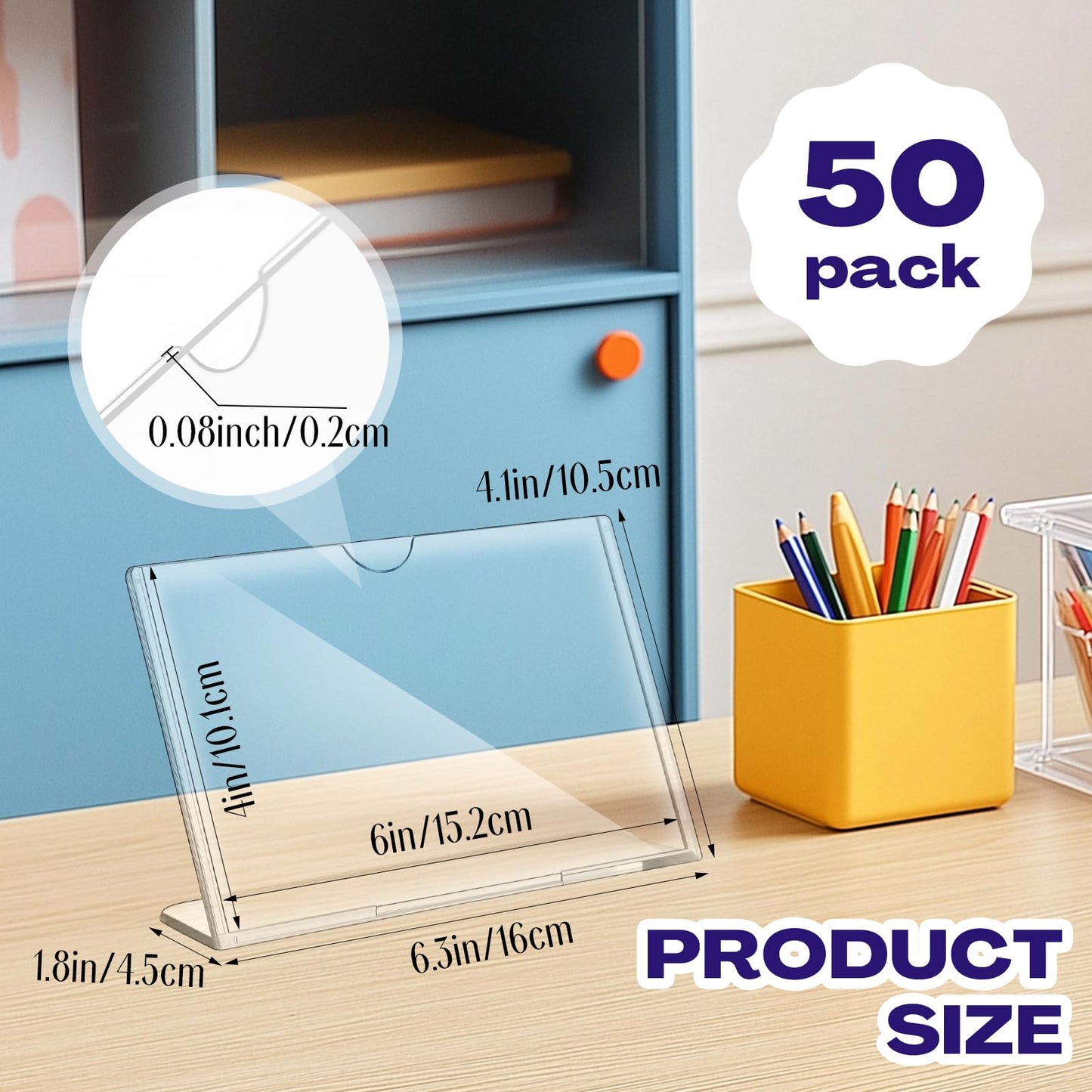 Yalikop 50 Pack Acrylic Sign Holder 4x6 Bulk Slanted Back Acrylic Holder Clear Plastic Picture Frames 4x6 Plastic Paper Sign Holders Clear Tabletop Stands for Display for Office, Home, Restaurant