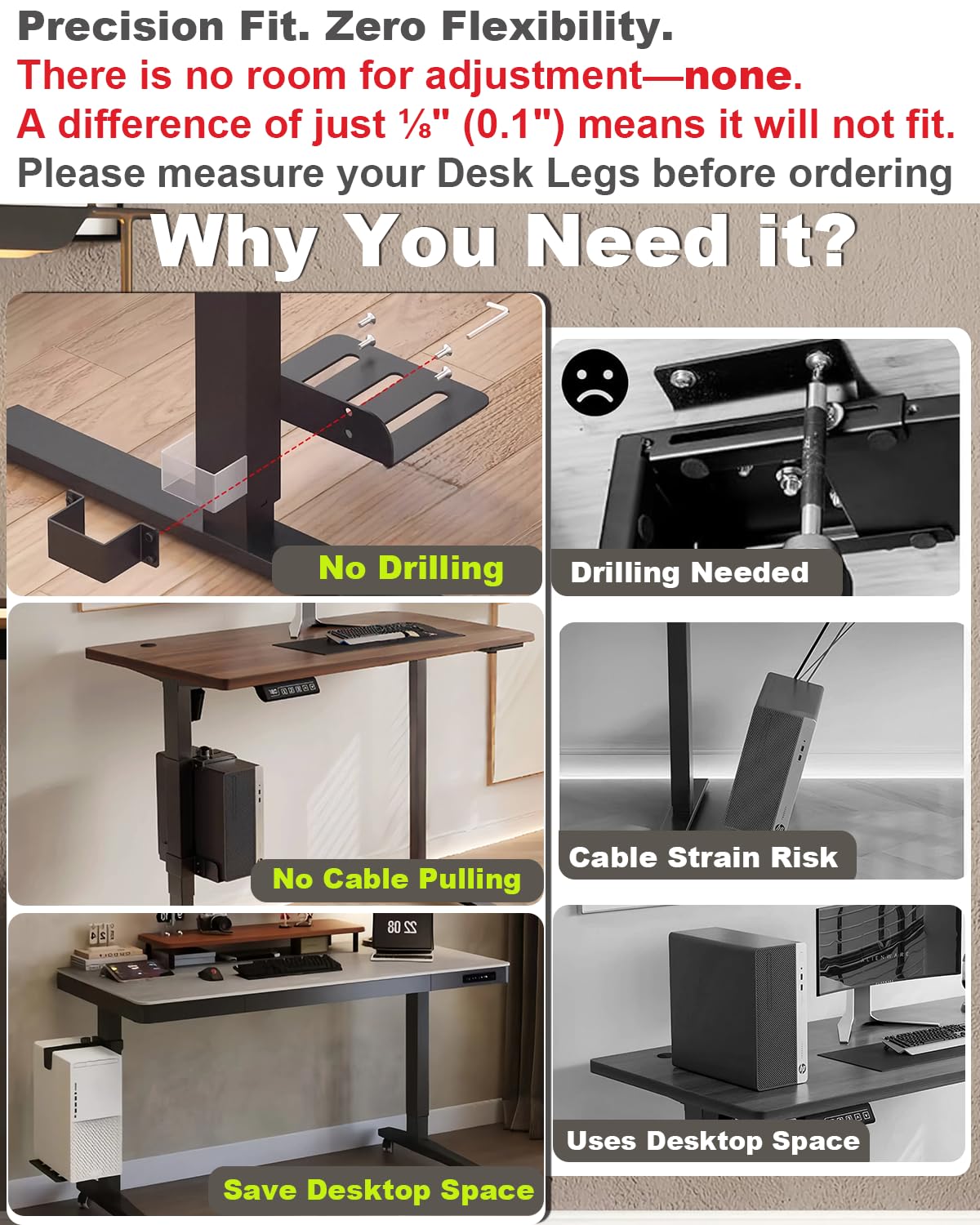 Under Desk PC Mount - No Drilling 40 lb Capacity, CPU Holder Under Desk, Adjustable Height and Width, Clamp-on Desk Leg PC Mount for Standing Desk (Fits 80mm×50mm Legs only), with Non-Slip Pads, Black
