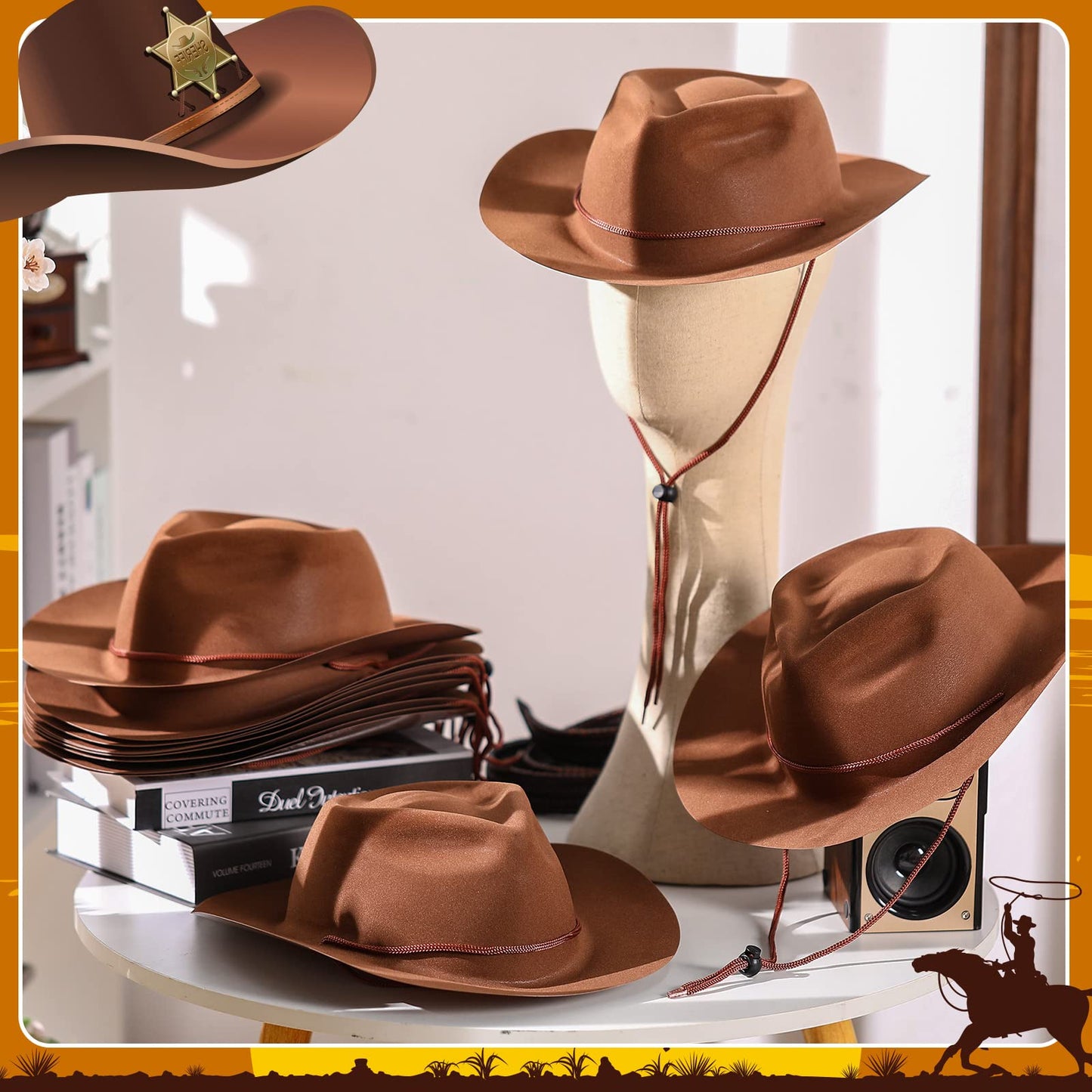 Mepase 24 Pieces Cowboy Hats Bulk Felt Western Party Wide Brimmed Cowgirl Hats Set for Adults Men Women Costume Party (Brown)