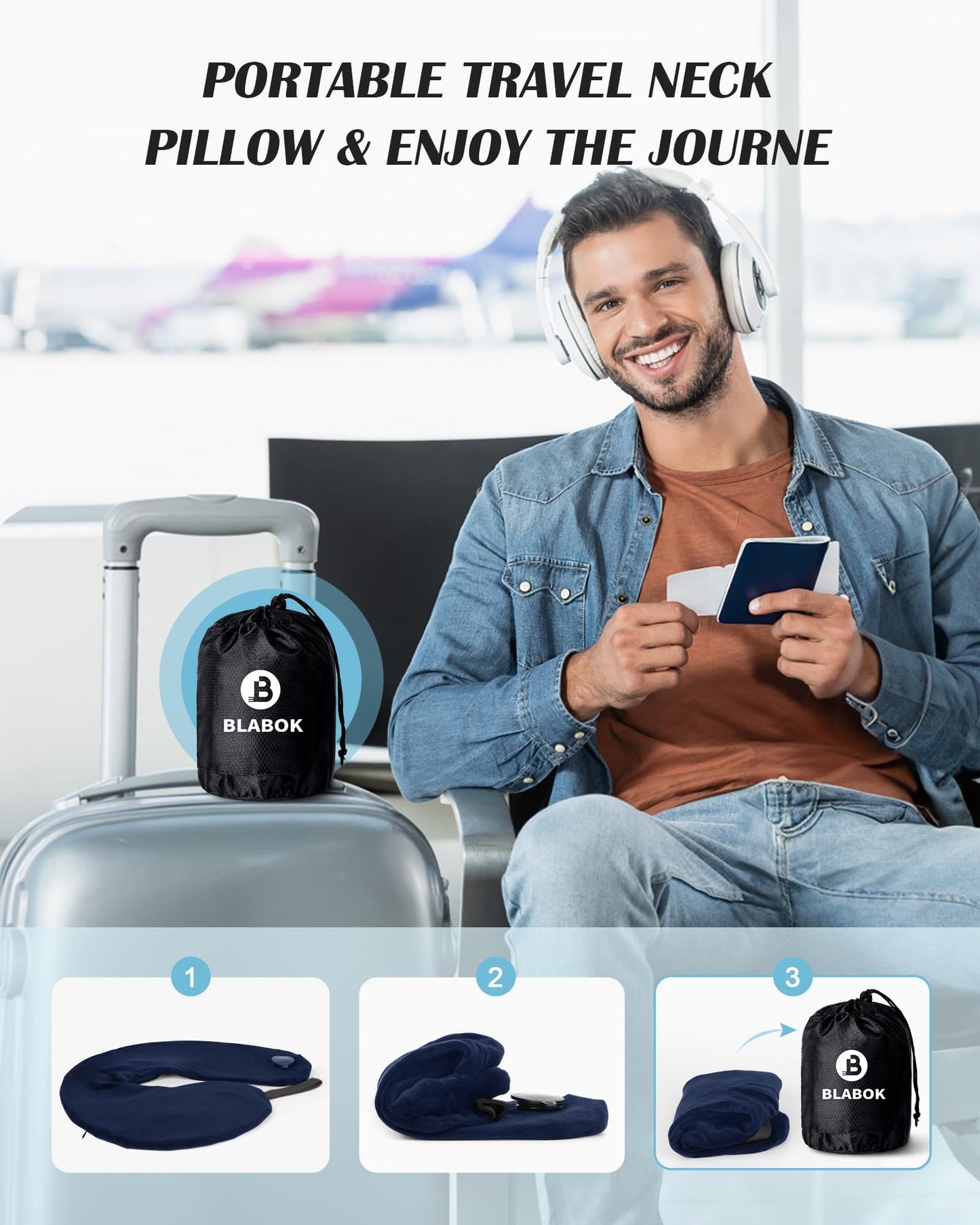 Patented Design Inflatable Travel Neck Pillow – Airplane Neck Pillow with 360° Head & Neck Support, Soft Washable Velvet Cover, Compact Neck Support Pillow for Airplane,Train,Car,Office & Home (Blue)