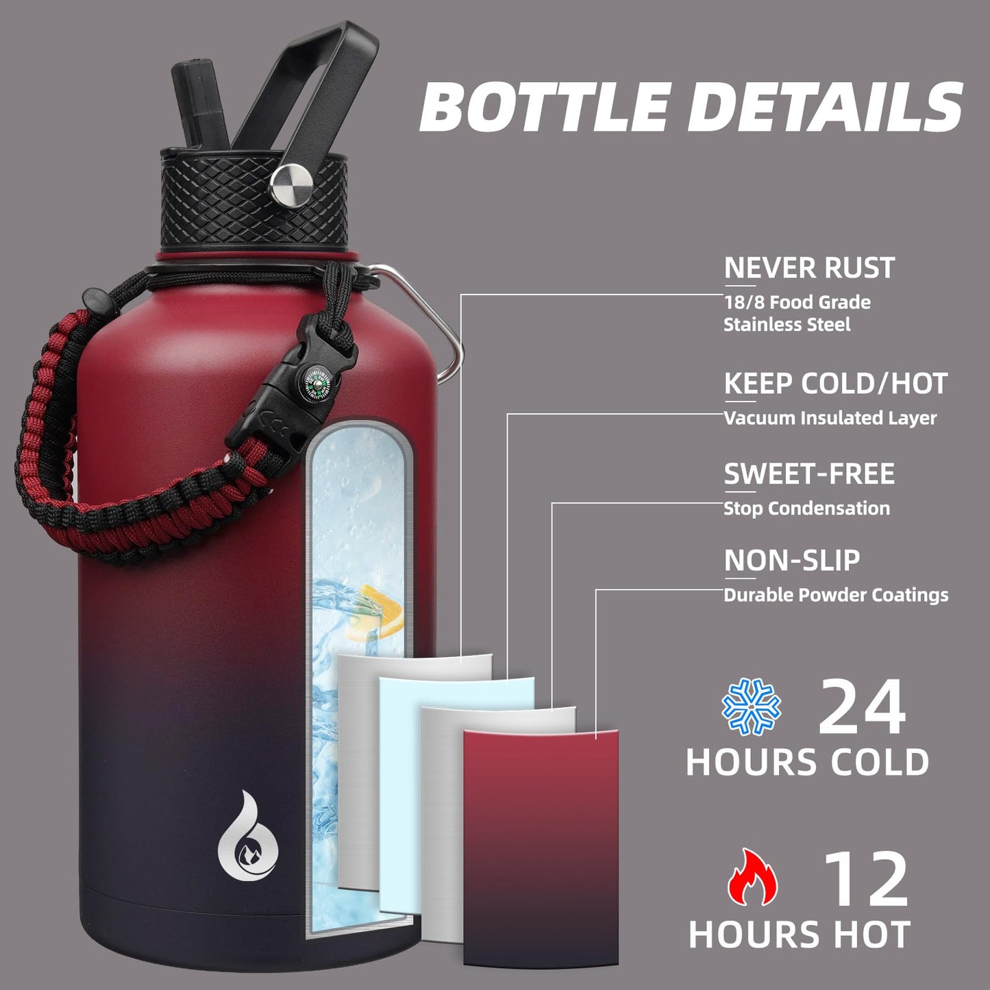 BJPKPK Half Gallon Insulated Water Bottles with 3 Lids and Paracord Strap, 64oz Large, Stainless Steel Water Bottles with Straw Lid, Half Gallon Water Jug,Charming Red