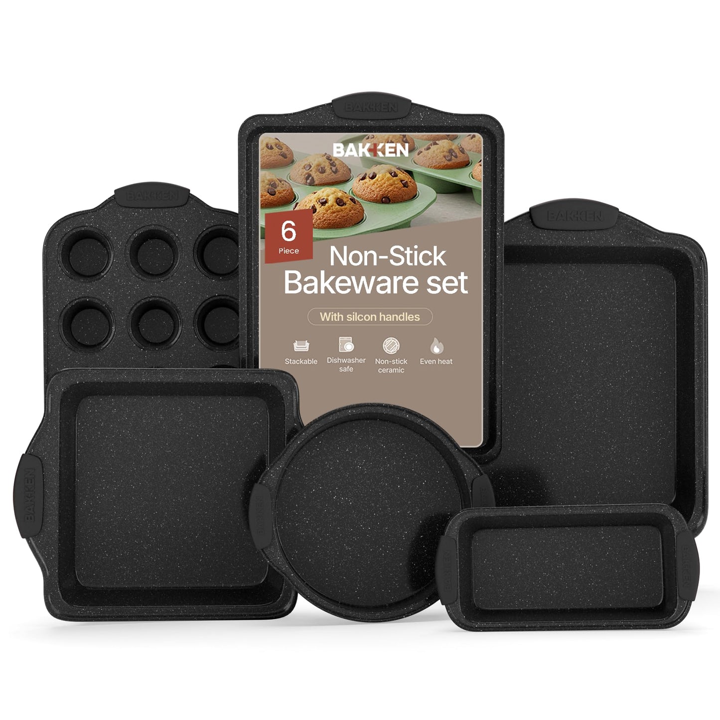 BAKKENMaster 6-Piece Nonstick Gray Marble Coated Bakeware Set - Professional Quality Carbon Steel Pans with Silicone Handles - Ideal for Oven, Refrigerator, Freezer - Dishwasher Safe