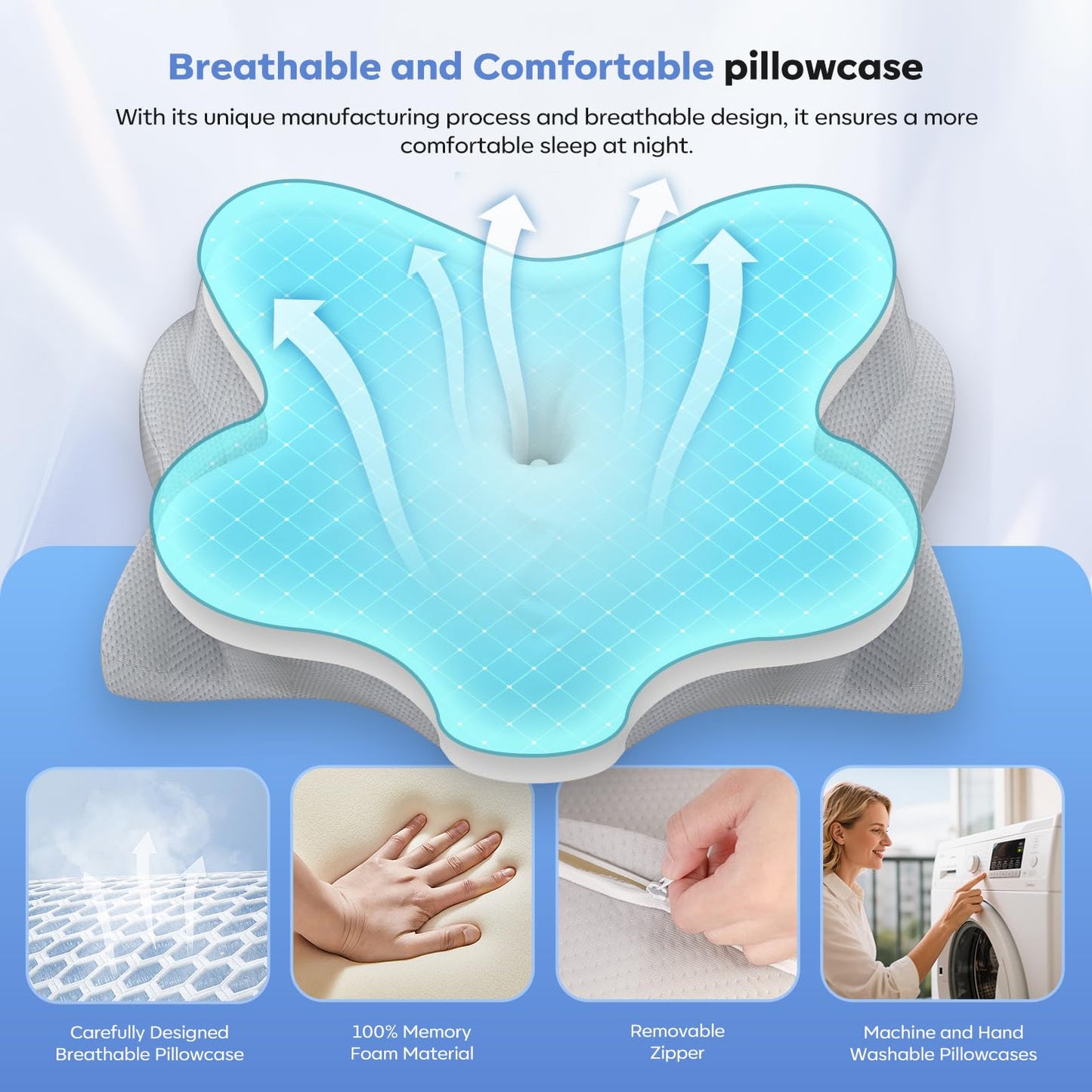 Fyova Cervical Neck Pillow, Ergonomic Memory Foam Pillows for Neck Pain Relief with Breathable Pillowcase, Adjustable Contour Neck Support Pillow for Side Back Stomach Sleepers, Odorless