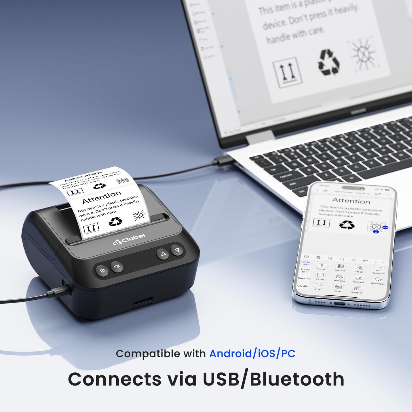 CLABEL 320B Label Maker 3 Inch Bluetooth Barcode Printer Thermal Label Printer Compatible for Small Business,Address, Office, 1 Roll 70x40mm Label