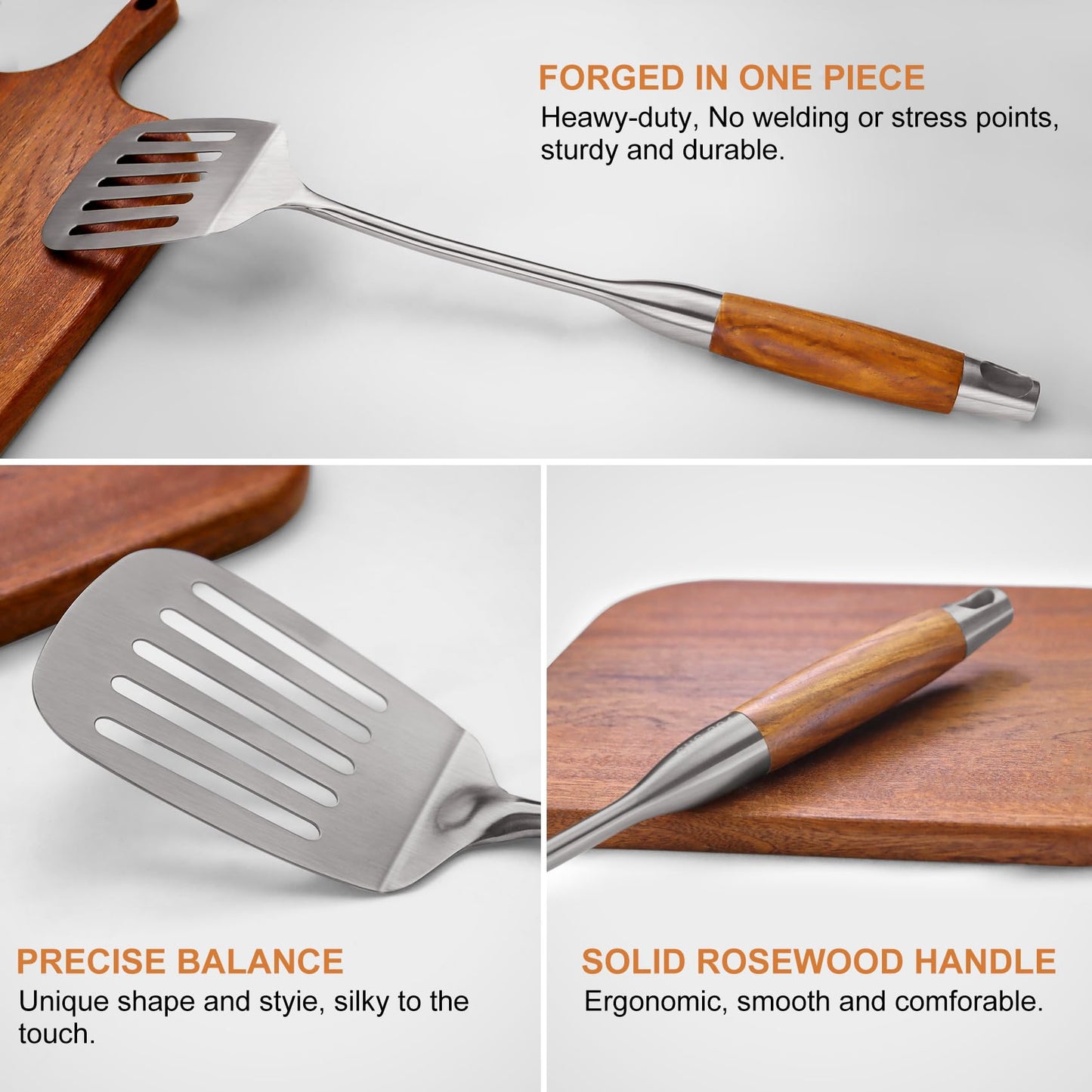 9 PCS 304 Stainless Steel Cooking Utensils set with Wooden Handle, Metal Kitchen Utensils Set, Large Heat Resistant Wooden Handle Kitchen Tools, Stainless Steel Wok Spatula