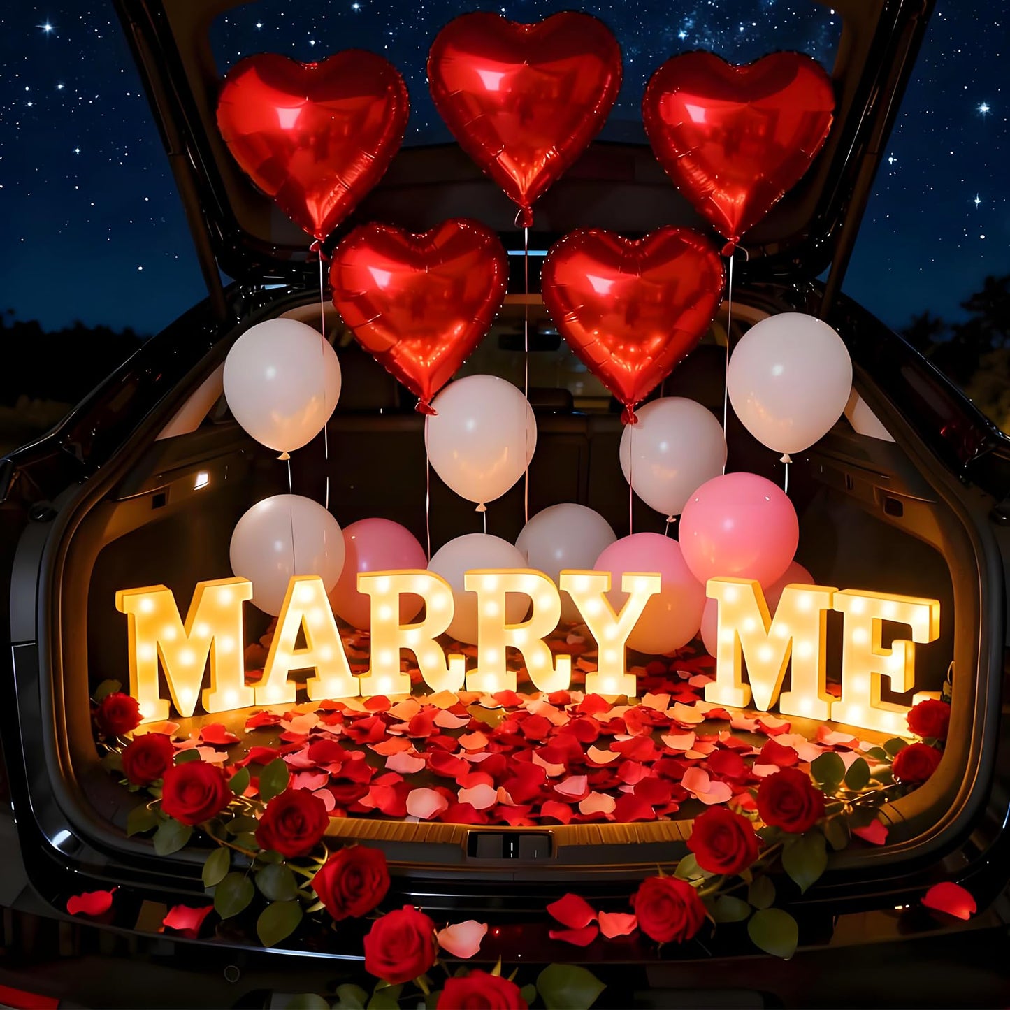 Marry Me Light Up Letters, with 30 Tea Lights Candles, Rose Petals, Aluminum Balloons, Balloons, Red Carpet, Rose Ring Box, Double Sided Tape, Valentine's Day Proposal Engagement Wedding Decorations