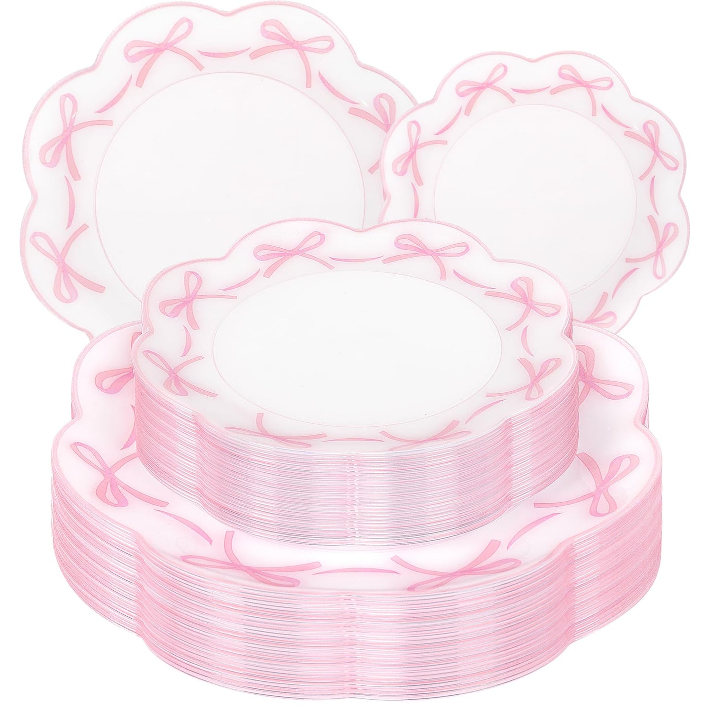 LIYH 60 Pcs Pink Bow Plastic Plates for Party - Pink Scalloped Scalloped Plates Disposable Heavyduty for Decorative Tableware for Holiday Party Decor Supplies - 10.25" Dinner & 7.5" Dessert Plate