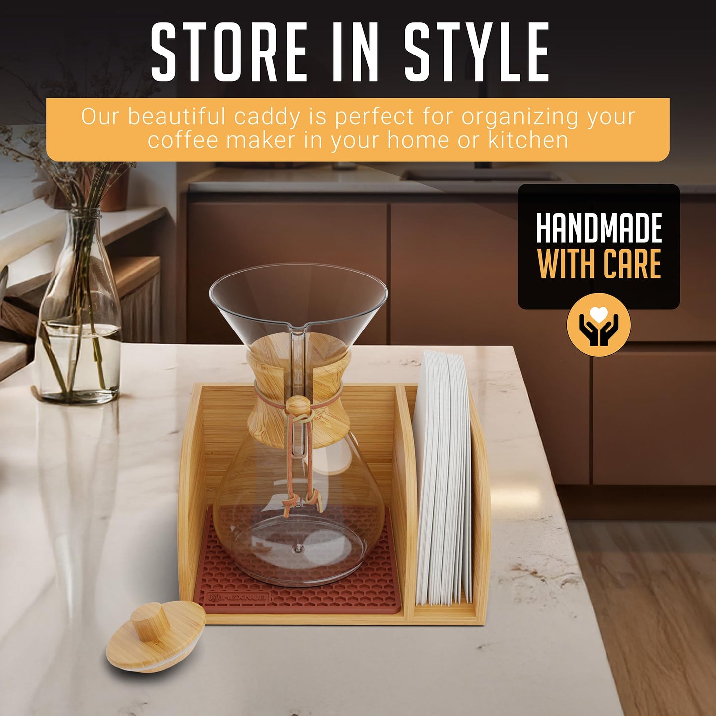 HEXNUB Caddy and Lid for Pour Over Coffee Maker, Bamboo Stand fits Chemex, Bodum, Cosori Coffee Carafes, Heatproof Mat, Filter Holder (Brown Silicone Mat + Lid)