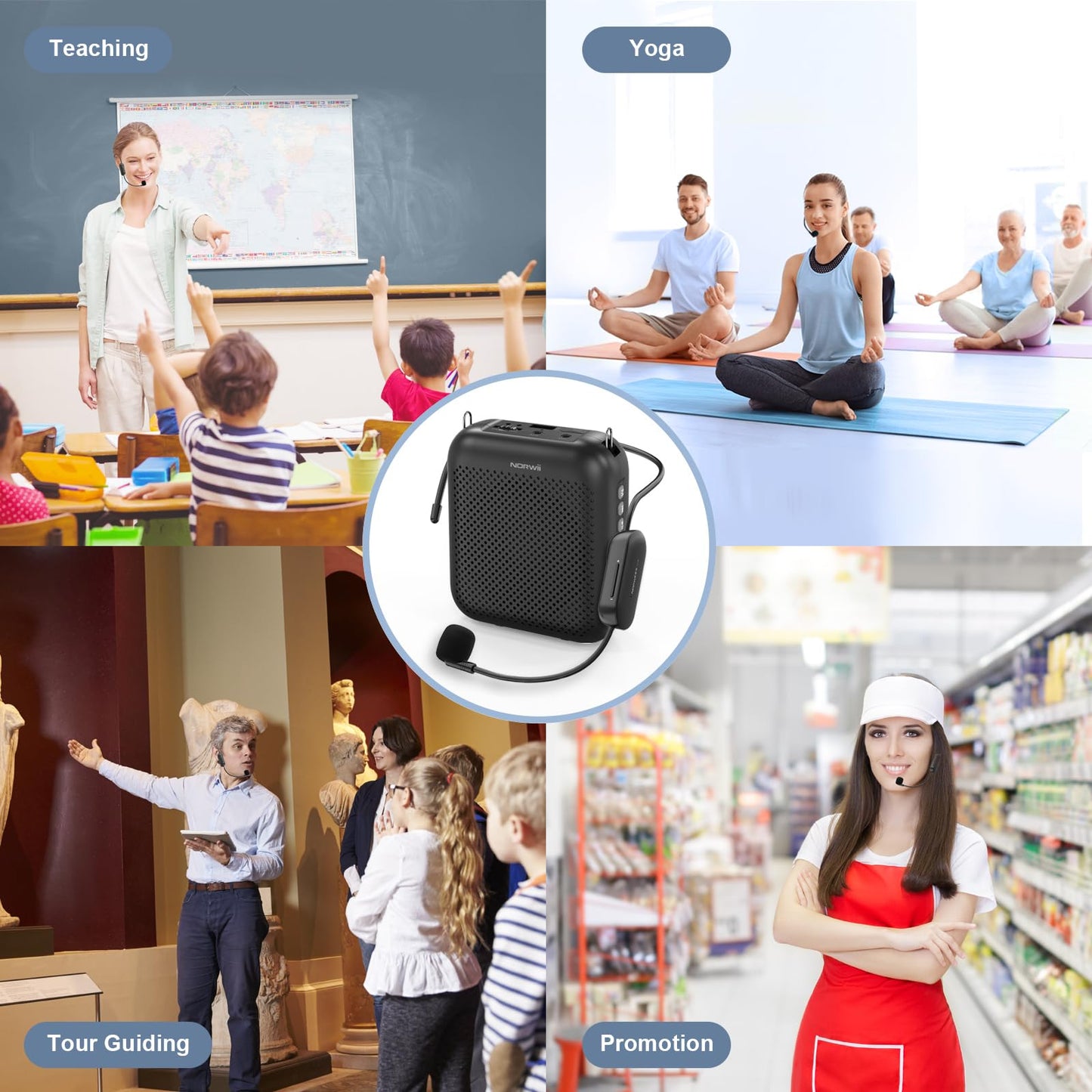 Voice Amplifier Wireless Microphone, 4000mAh Portable Rechargeable Bluetooth Mini Personal Speaker with 2 Headset Microphones for Teachers, Classroom, Meetings and Tour, Black