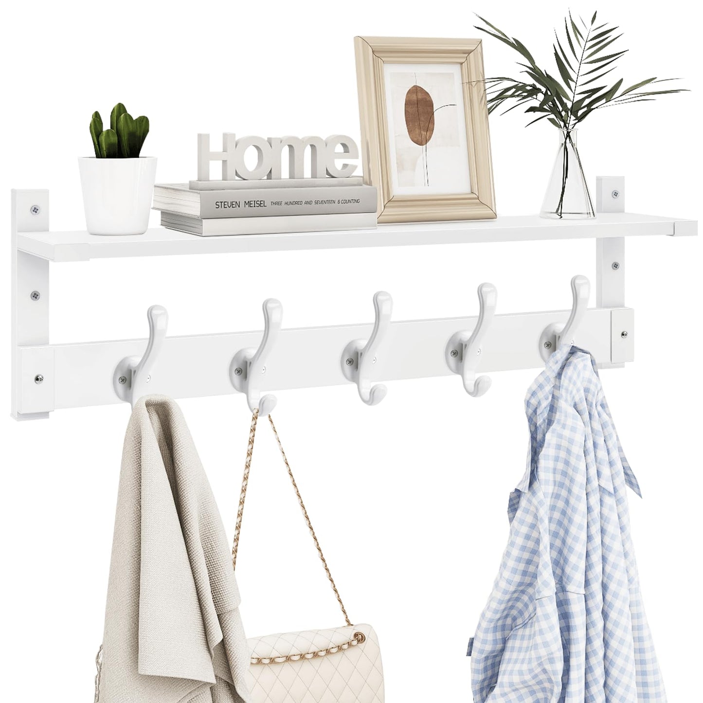 Homode Coat Rack With Wall Shelf, 29" Wooden Entryway Floating Shelf With Hooks Underneath, Hanging Coat Hanger for Bathroom, Living Room, Bedroom, Hallway, White