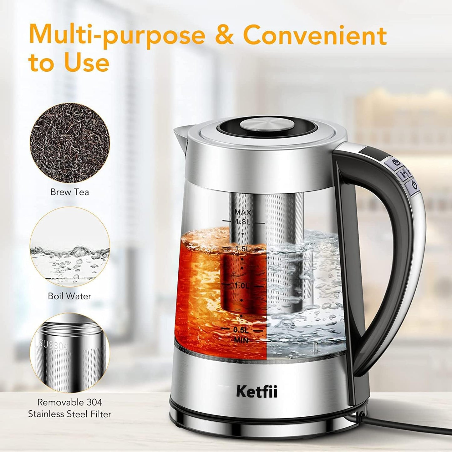 Electric Kettle with British Strix Thermostat, 1.8L 1500W, 24-Hour Keep Warm, Removable Lid, Glass Tea Kettle & Hot Water Boiler, BPA-FREE, Auto Shut-Off & Boil-Dry Protection, 304 Stainless Steel
