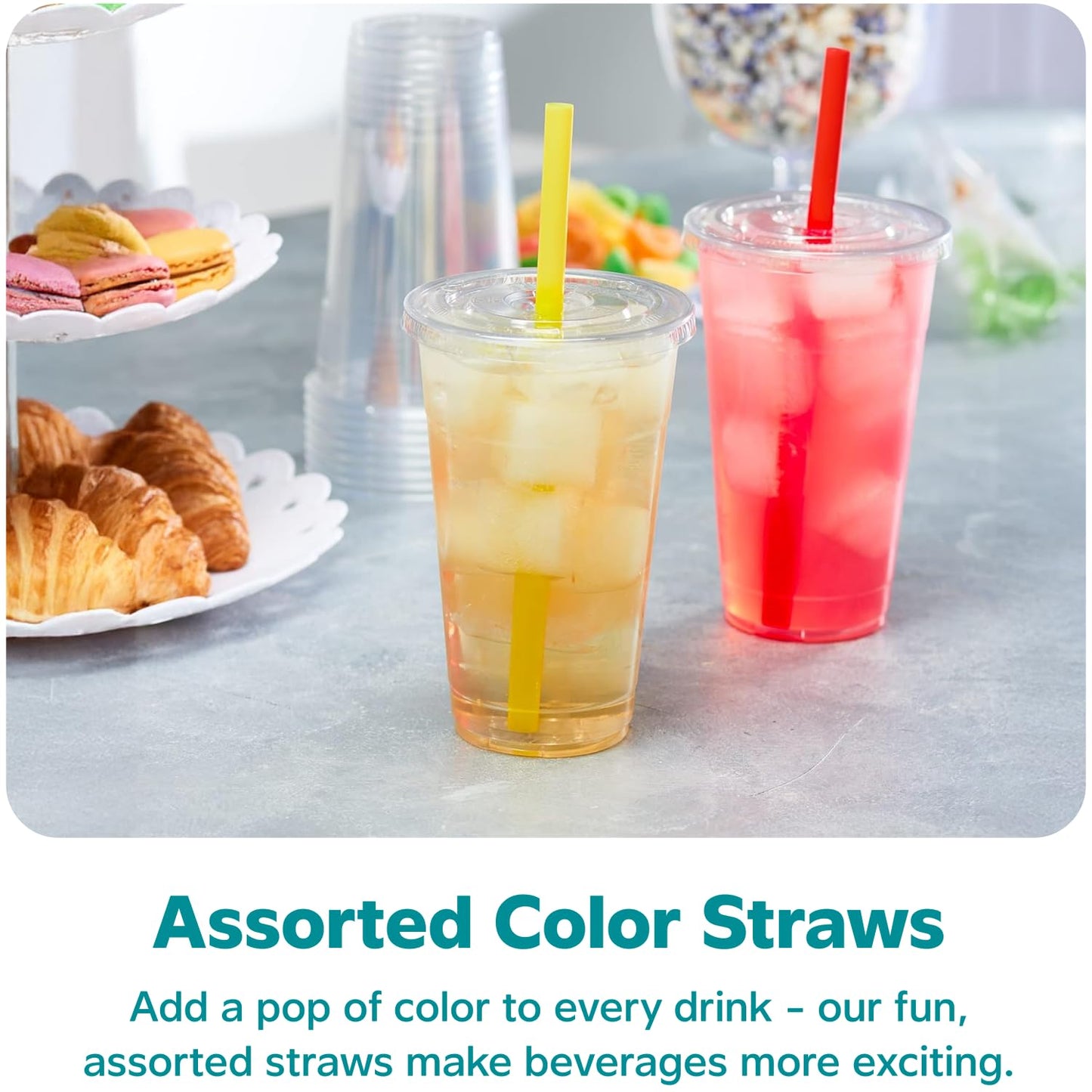 GUSTO [24 oz. - 100 Count Clear Cups with Flat Lids & Straws - Disposable Clear Drinking Cups for Iced Coffee, Cold Drinks, Milkshakes, and Smoothies - Formerly Comfy Package