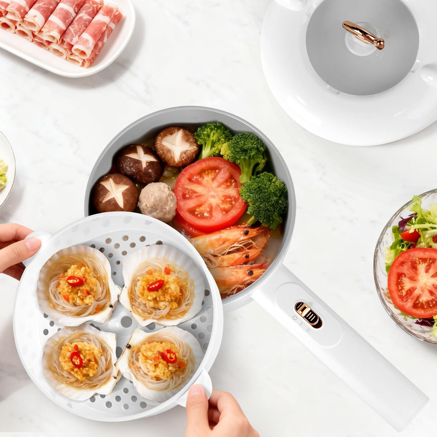 Vroyuir Electric Hot Pot 2L, 700W Portable Multi-Purpose Cooker with Dual Power Control, Non-Stick Pot for Noodles, Steak, Eggs, Ramen, Oatmeal, and More