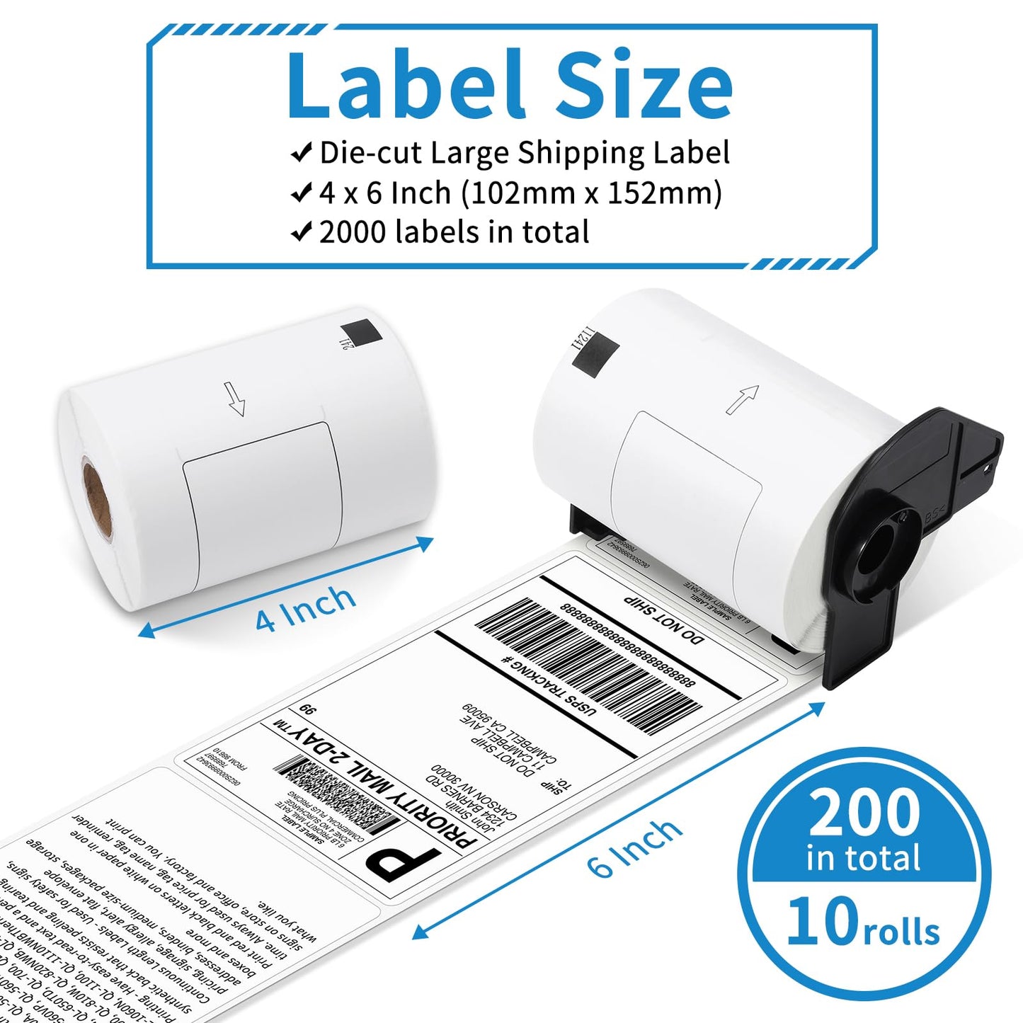 MarkDomain Replace for Brother DK-1241 (4" x 6") Die-Cut Shipping Labels Use with Brother QL-1100NWB QL-1100 Label Printer, (102mm x 152mm) 200 per roll, 10 Rolls (2000 Labels) + 1 Frame