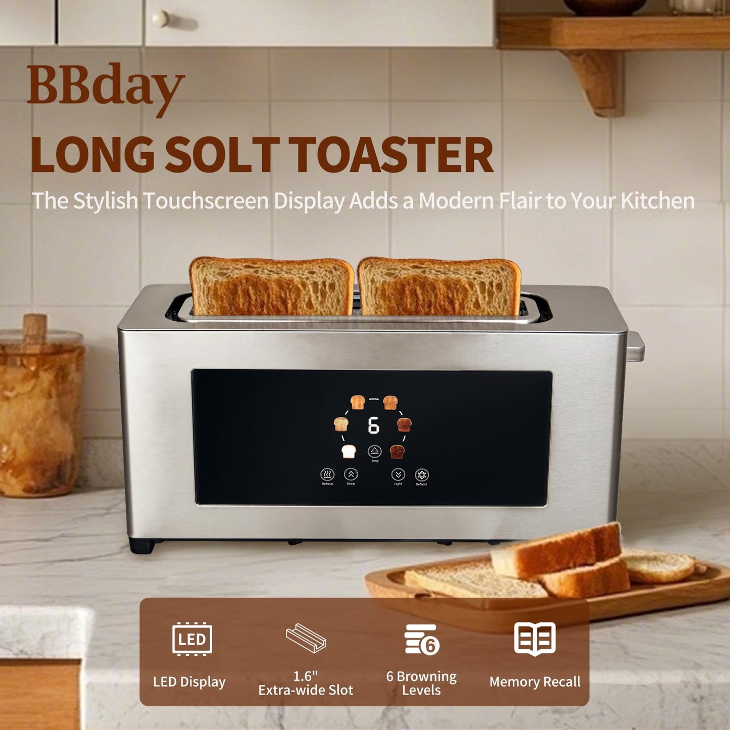 BBday 2 Slice Toaster with Touch Screen, Slim Toaster For Long Slice, 1.6" Wide Slot, 6 Browning Levels, 1000W Fast Heating, Slim Stainless Steel Design for Bagels, Baguettes, Compact Kitchen & RV Use