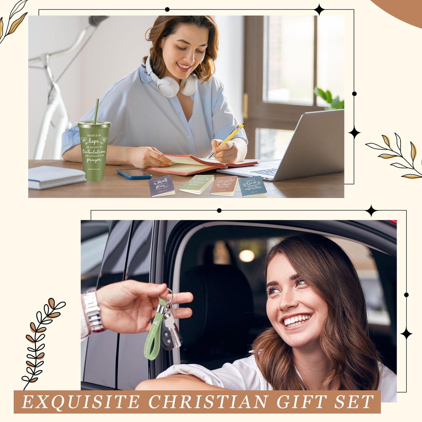 Hollowfly 12 Set / 48 Pcs Christian Church Gifts Bulk, Plastic Cups with Bible Verse Pens Keychains Notebooks for Women Christian Religious Catechist Appreciation Gifts (Morandi Color)