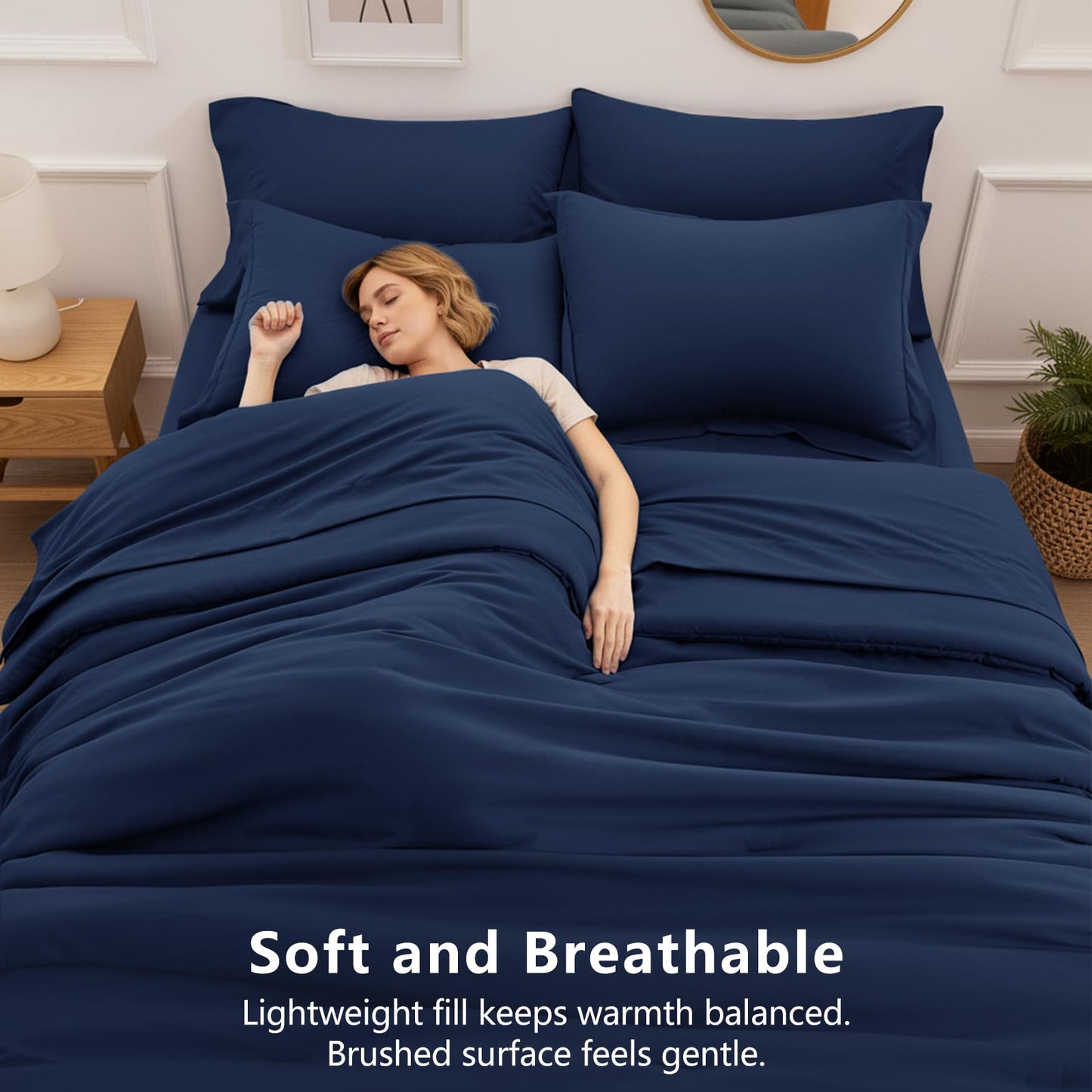 HIMEET Queen Comforter Set - 7 Pieces Bed in a Bag Queen Size, Luxury Comforter Set with Sheets for All Season, Bed Set with Comforter, Flat Sheet, Fitted Sheet, Pillowcases & Shams, Navy Blue
