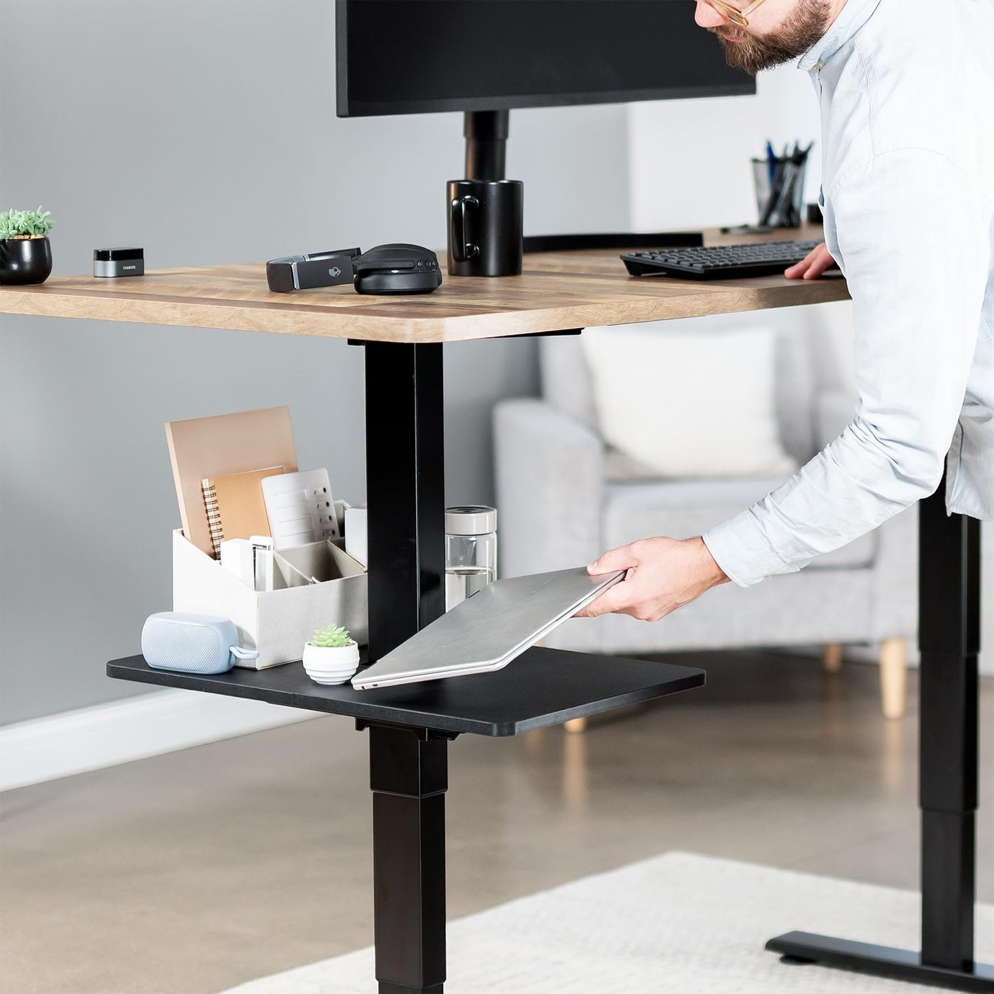 VIVO Adjustable Under Desk 16 x 12 inch Leg Shelf, Hidden Storage Tray for Small Accessories, Black, DESK-SF02LU