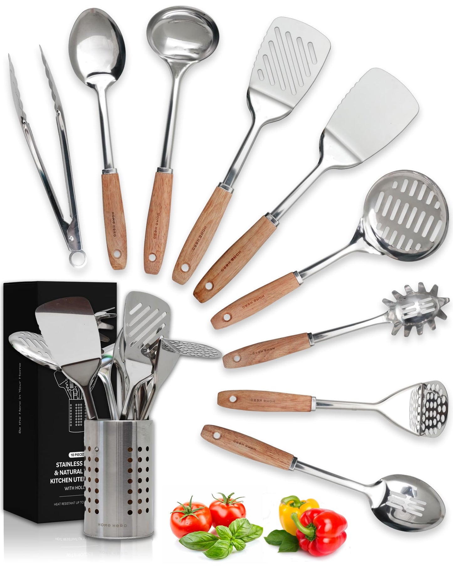 Home Hero Stainless Steel Kitchen Utensils Set - Wood Handle Nonstick Stainless Steel Cooking Utensils Set - Heat Resistant Kitchen Essentials & Metal Kitchen Gadgets (Silver & Wood)
