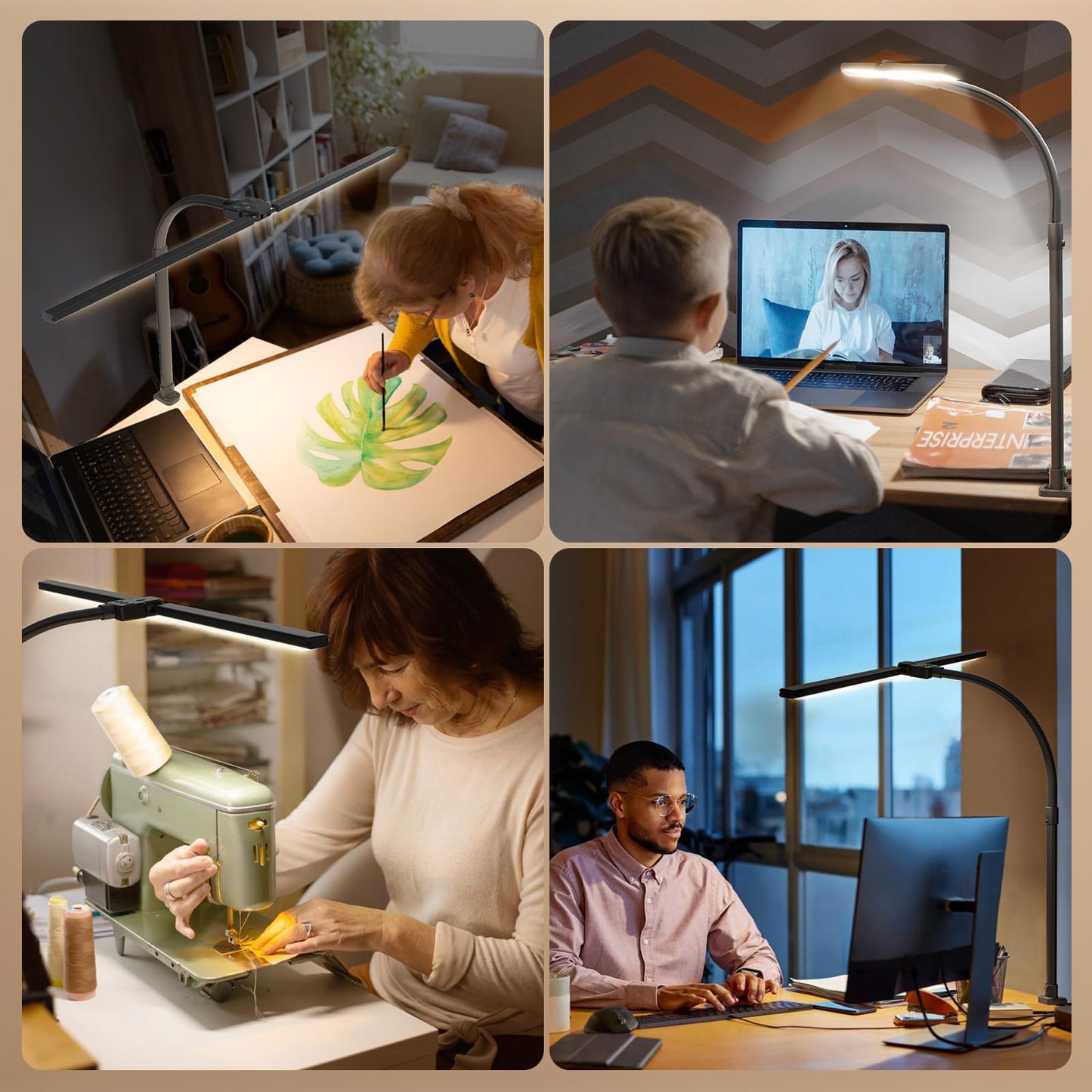 APMIEK LED Desk Lamp for Home Office, 24W Computer Desk Light with Remote Control, Bright Table Lamp with Clamp Dimmable Tall Desktop Lighting with Bendable Gooseneck, Double Head, Black