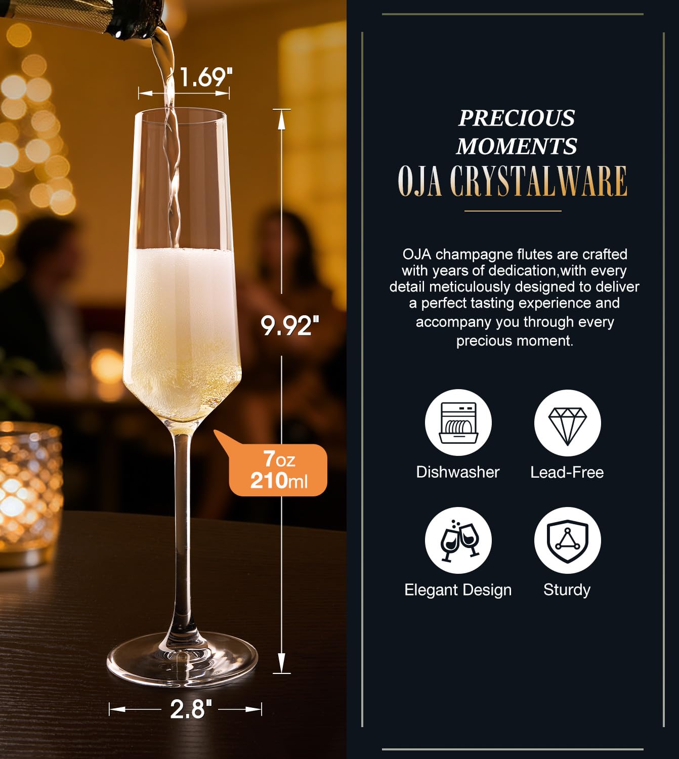 OJA Champagne Flutes Glass Set of 8, Crystal 7oz Champagne Glasses for Prosecco,Sparkling Wine, Mimosa, Ideal for Weddings, Anniversaries, Birthday, Christmas