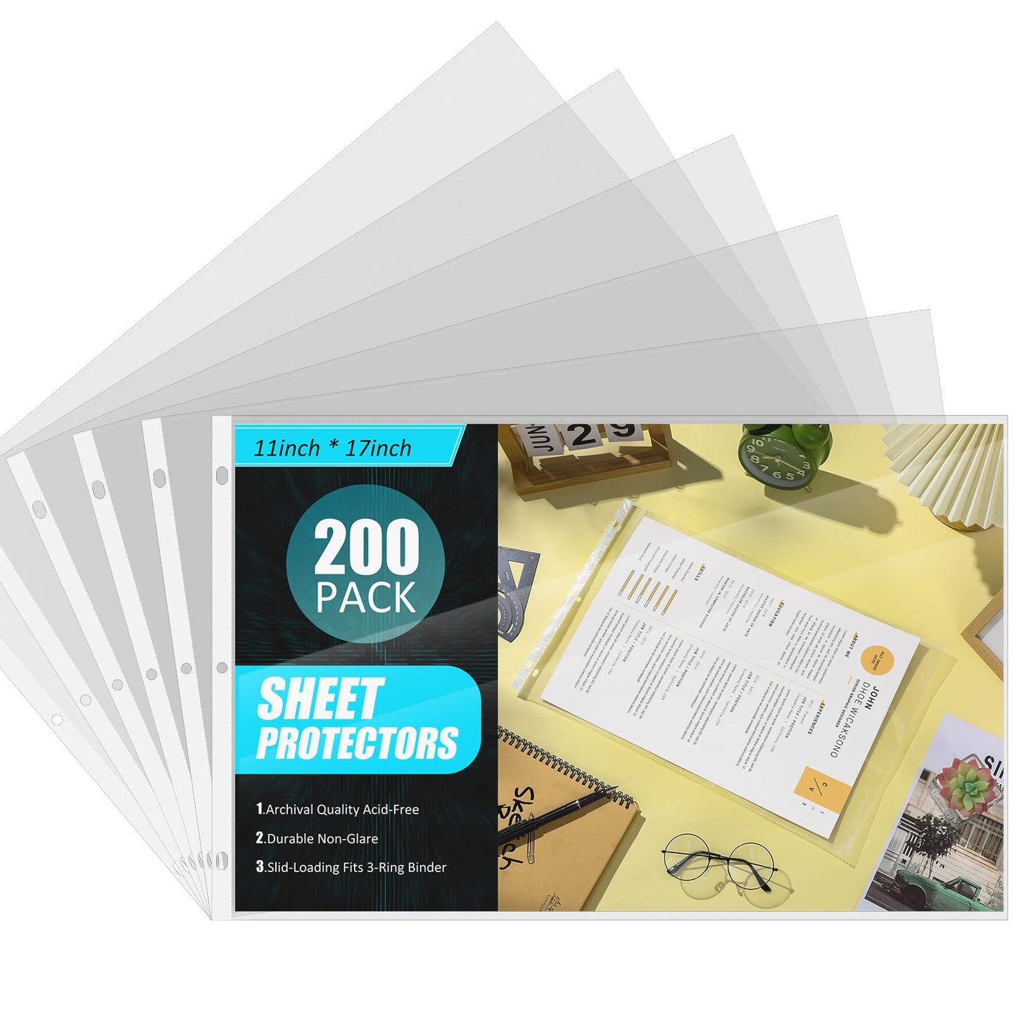 Glenmal 200 Pack Sheet Protectors 11 x 17 Inch 3 Hole Clear Heavy Duty Page Protectors for 3 Ring Binder, Plastic Sleeves for Binders