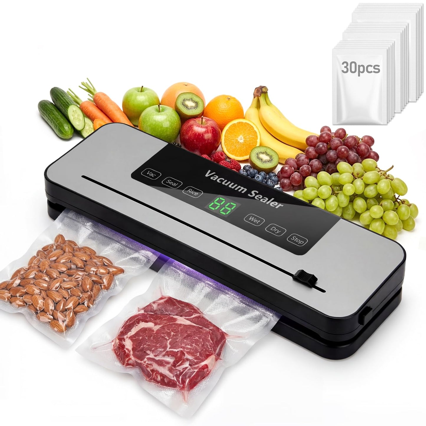 Vacuum Sealer Machine for Food with Built-in Cutter, 6-in-1 One-Touch Automatic Food Vacuum Sealer, Dry & Wet Modes, Digital Timer, Compact Food Saver Vacuum Sealer with 30 Bags Grey