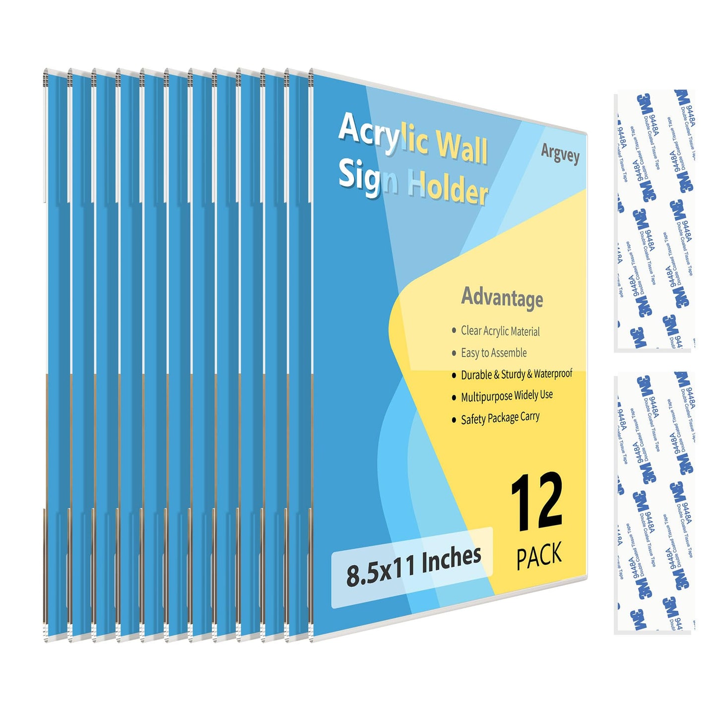 Argvey Acrylic Sign Holder 8.5 x 11 Wall Mount, Clear Plastic Sign Display Frame with Adhesive Tape, Vertical Wall Sign Holder for Office, Home, Store, Restaurant, School – 12 Pack
